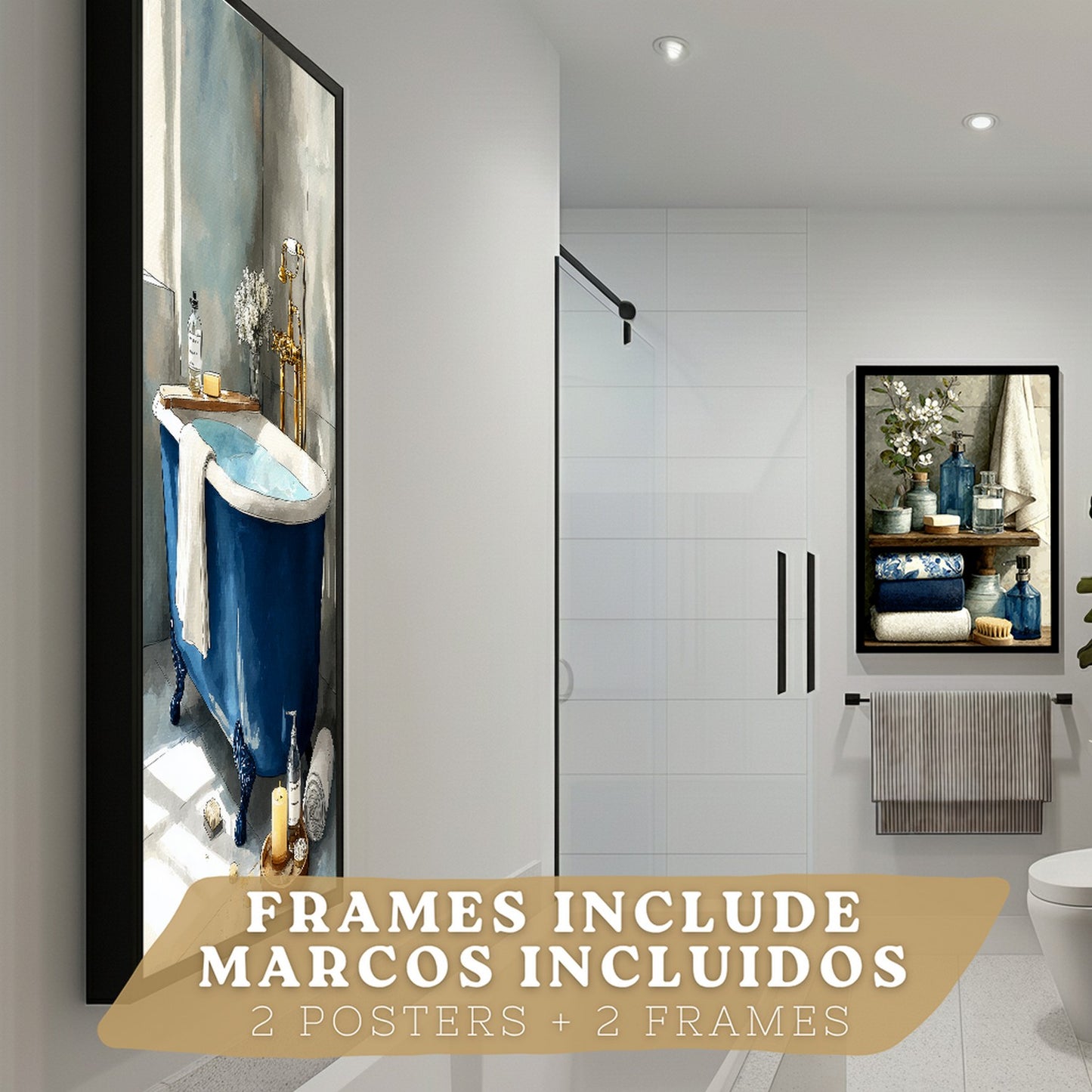 Set de 2 Laminas Decorativas Baño Cuadros Modernos Poster para Pared Lavabo Ducha WC y Aseo Decoracion Elegante con Bañera Azul y Accesorios Estilo Spa Chic