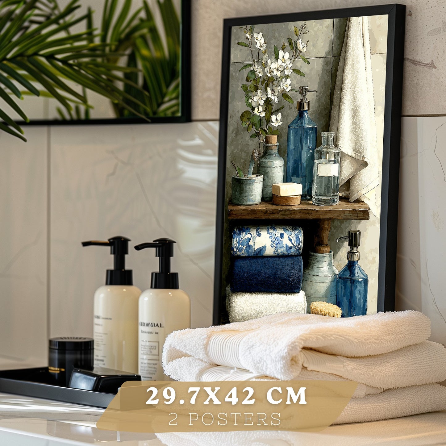Set de 2 Laminas Decorativas Baño Cuadros Modernos Poster para Pared Lavabo Ducha WC y Aseo Decoracion Elegante con Bañera Azul y Accesorios Estilo Spa Chic