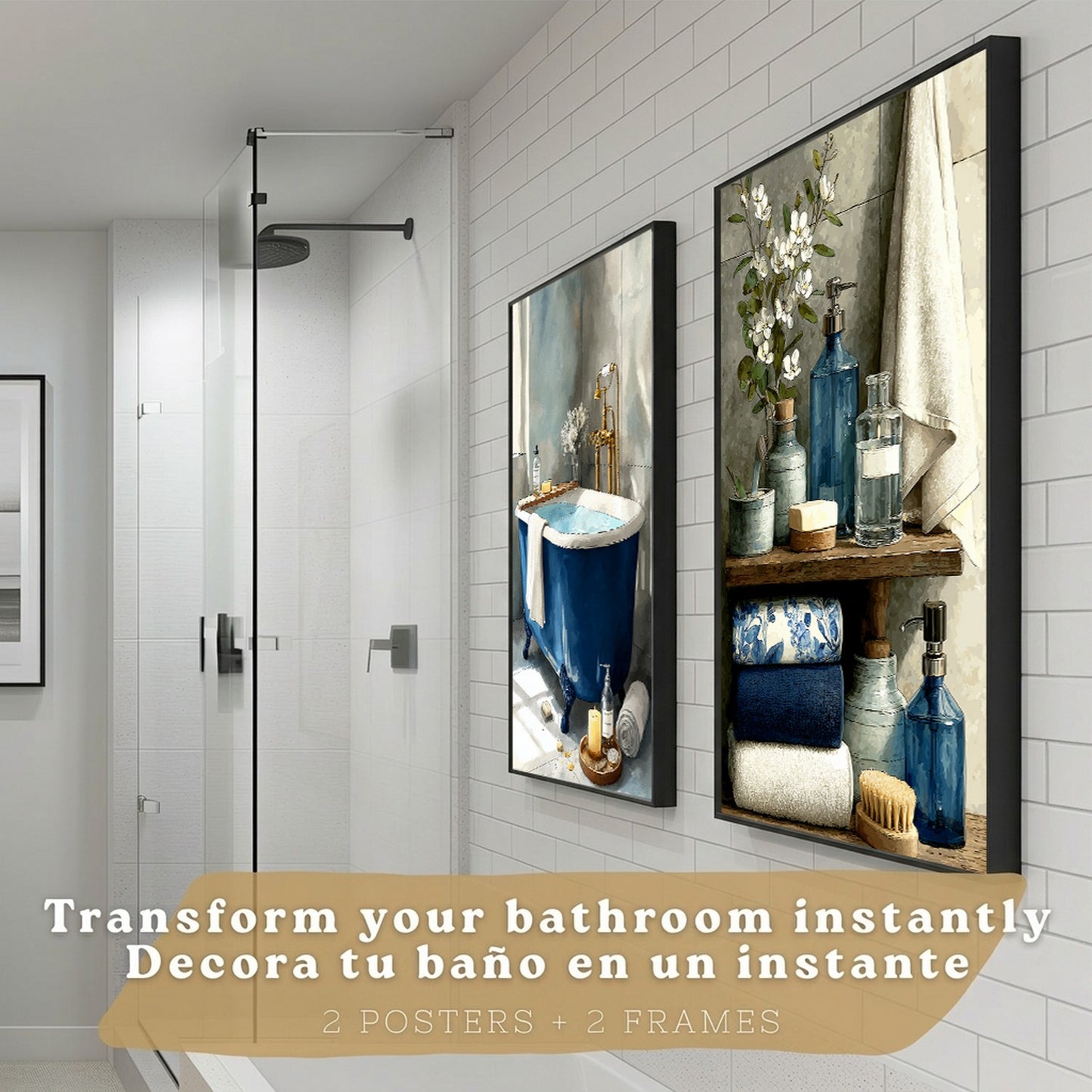 Set de 2 Laminas Decorativas Baño Cuadros Modernos Poster para Pared Lavabo Ducha WC y Aseo Decoracion Elegante con Bañera Azul y Accesorios Estilo Spa Chic