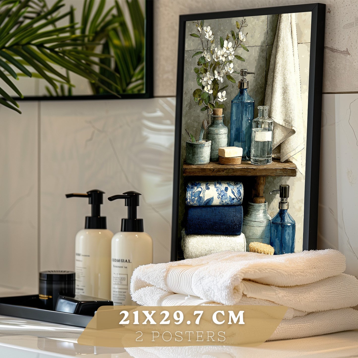 Set de 2 Laminas Decorativas Baño Cuadros Modernos Poster para Pared Lavabo Ducha WC y Aseo Decoracion Elegante con Bañera Azul y Accesorios Estilo Spa Chic
