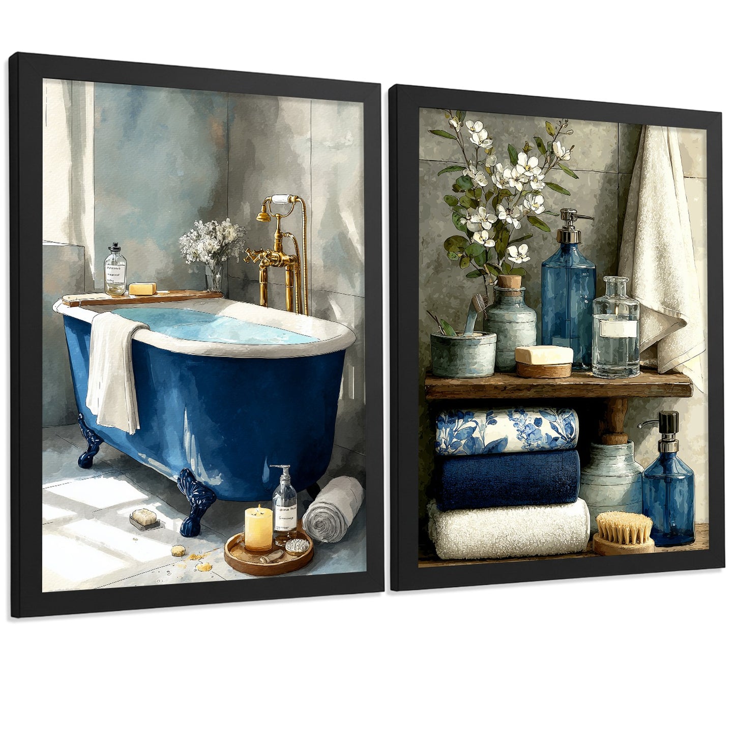 Set de 2 Laminas Decorativas Baño Cuadros Modernos Poster para Pared Lavabo Ducha WC y Aseo Decoracion Elegante con Bañera Azul y Accesorios Estilo Spa Chic