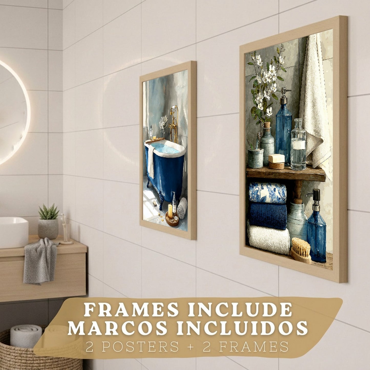 Set de 2 Laminas Decorativas Baño Cuadros Modernos Poster para Pared Lavabo Ducha WC y Aseo Decoracion Elegante con Bañera Azul y Accesorios Estilo Spa Chic