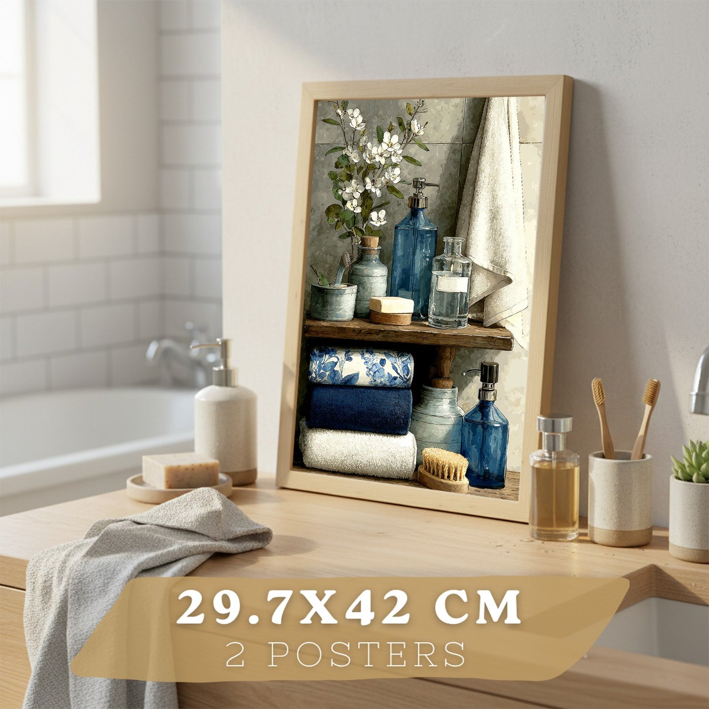 Set de 2 Laminas Decorativas Baño Cuadros Modernos Poster para Pared Lavabo Ducha WC y Aseo Decoracion Elegante con Bañera Azul y Accesorios Estilo Spa Chic