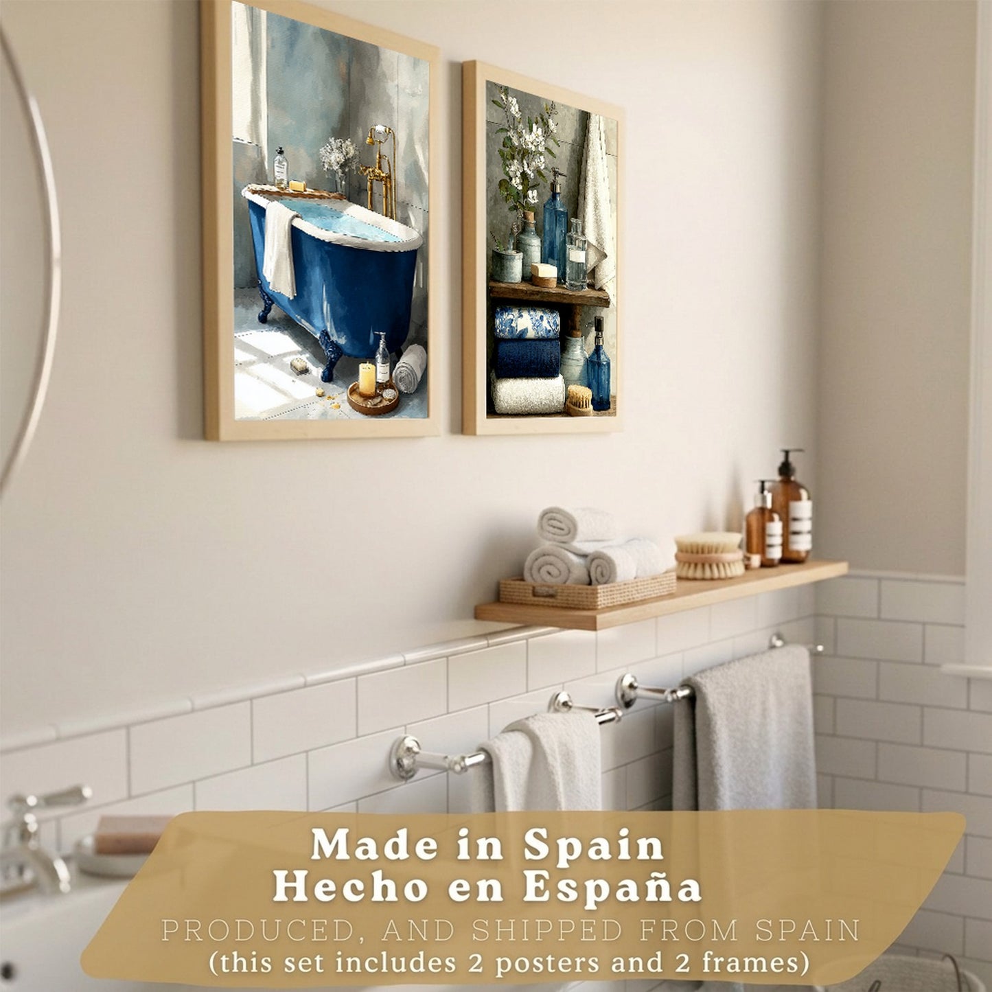 Set de 2 Laminas Decorativas Baño Cuadros Modernos Poster para Pared Lavabo Ducha WC y Aseo Decoracion Elegante con Bañera Azul y Accesorios Estilo Spa Chic