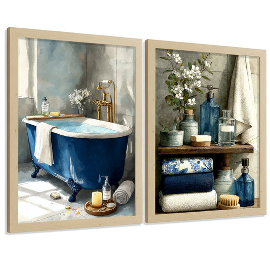 Set de 2 Laminas Decorativas Baño Cuadros Modernos Poster para Pared Lavabo Ducha WC y Aseo Decoracion Elegante con Bañera Azul y Accesorios Estilo Spa Chic