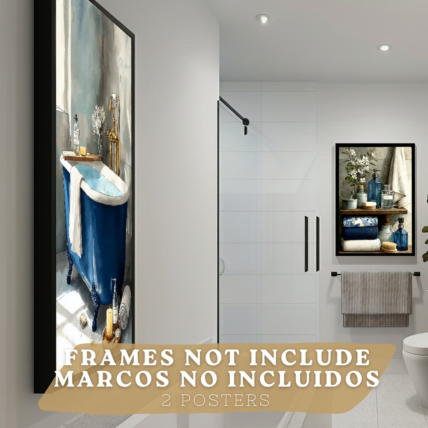 Set de 2 Laminas Decorativas Baño Cuadros Modernos Poster para Pared Lavabo Ducha WC y Aseo Decoracion Elegante con Bañera Azul y Accesorios Estilo Spa Chic