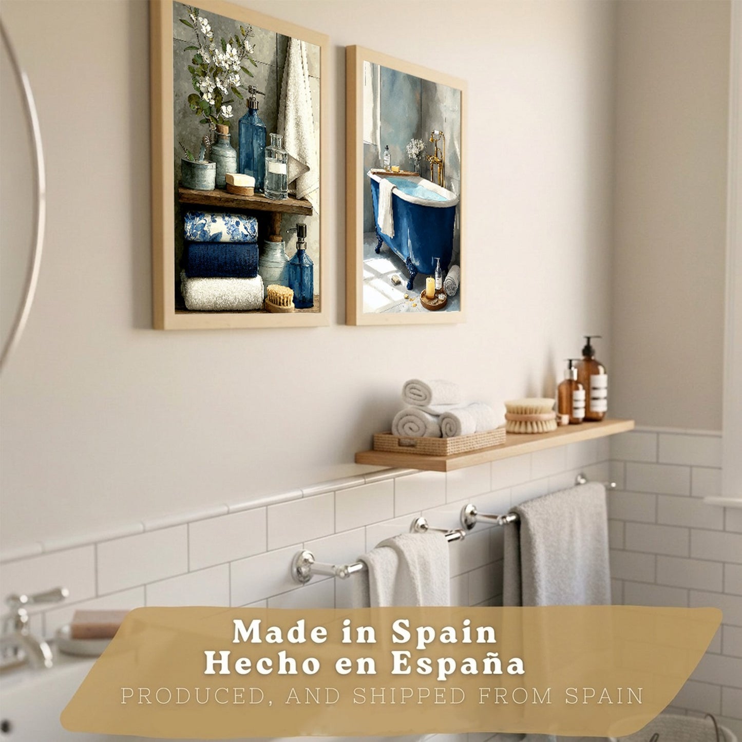 Set de 2 Laminas Decorativas Baño Cuadros Modernos Poster para Pared Lavabo Ducha WC y Aseo Decoracion Elegante con Bañera Azul y Accesorios Estilo Spa Chic
