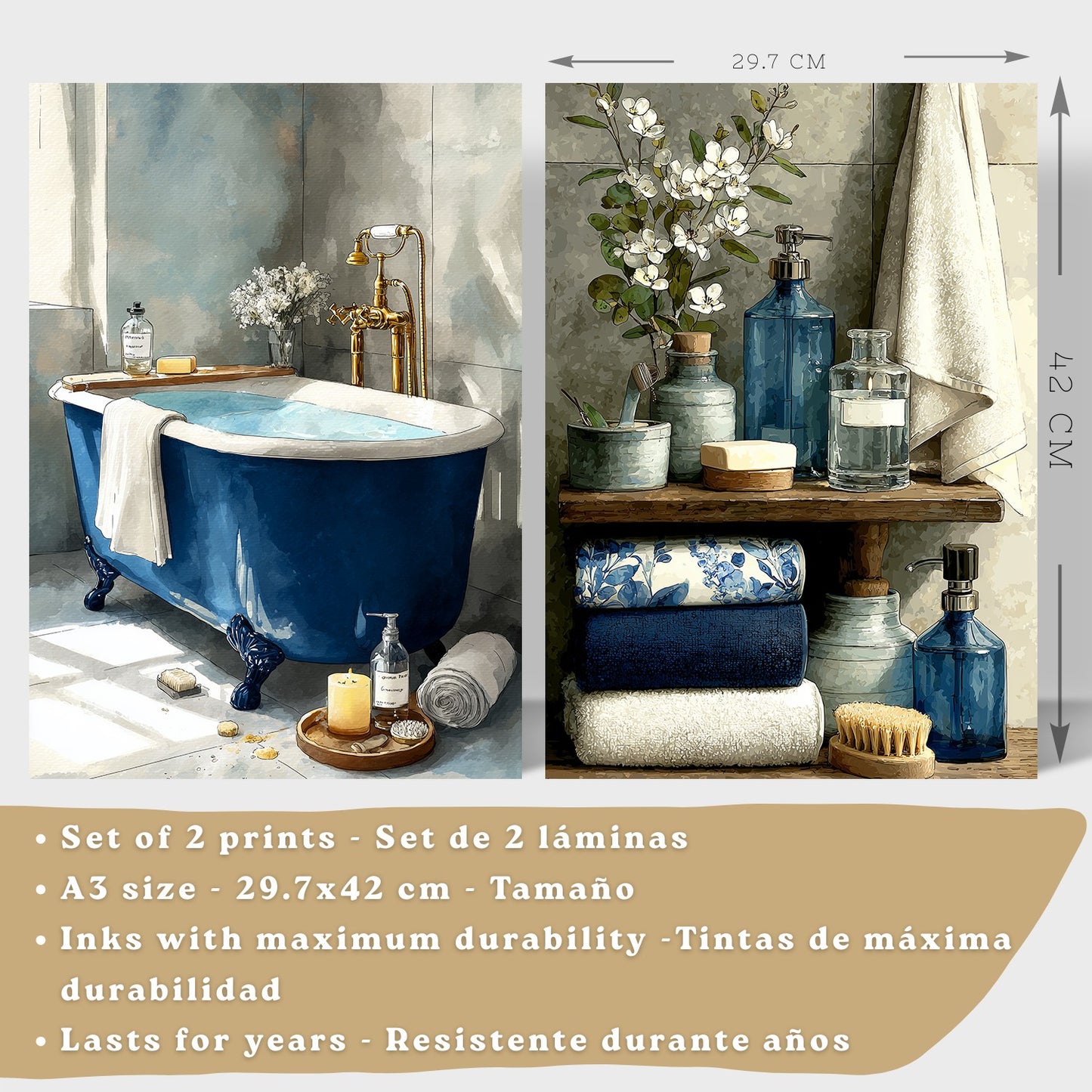 Set de 2 Laminas Decorativas Baño Cuadros Modernos Poster para Pared Lavabo Ducha WC y Aseo Decoracion Elegante con Bañera Azul y Accesorios Estilo Spa Chic