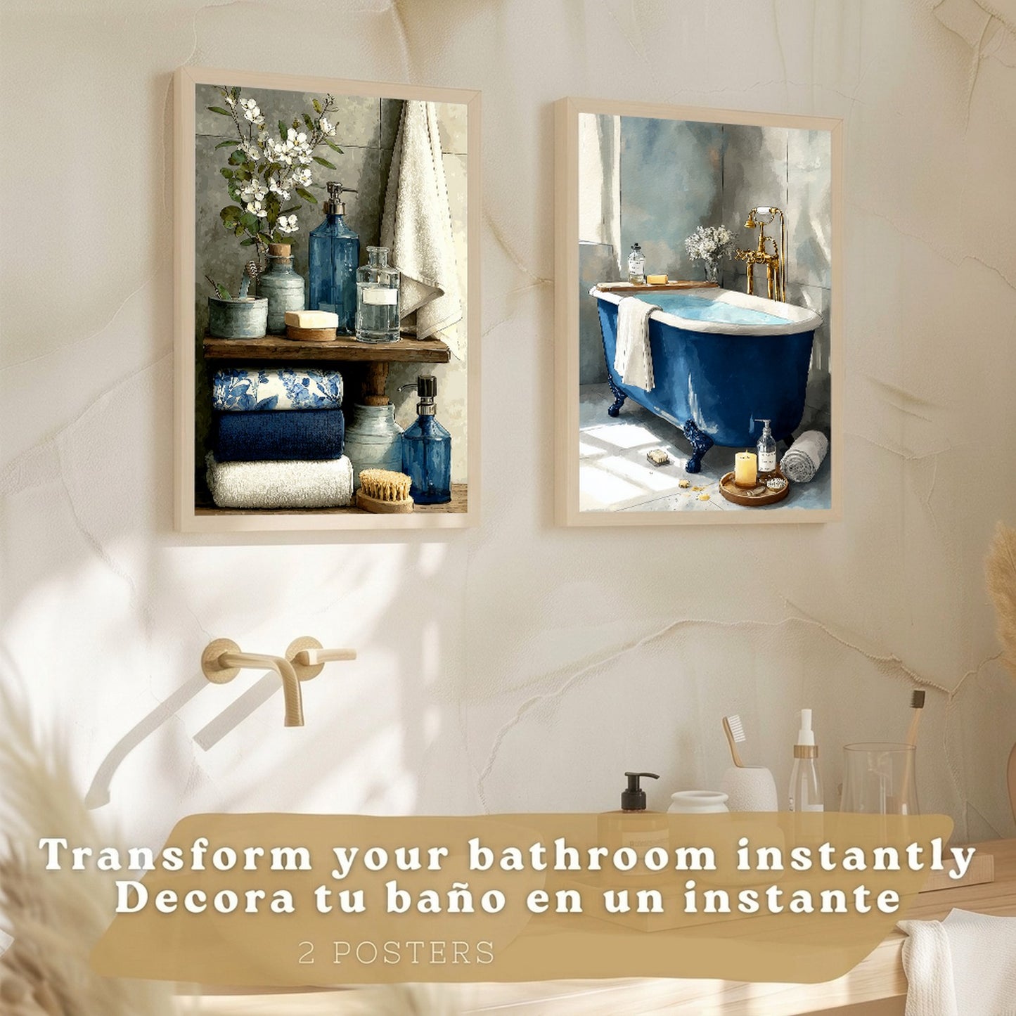 Set de 2 Laminas Decorativas Baño Cuadros Modernos Poster para Pared Lavabo Ducha WC y Aseo Decoracion Elegante con Bañera Azul y Accesorios Estilo Spa Chic