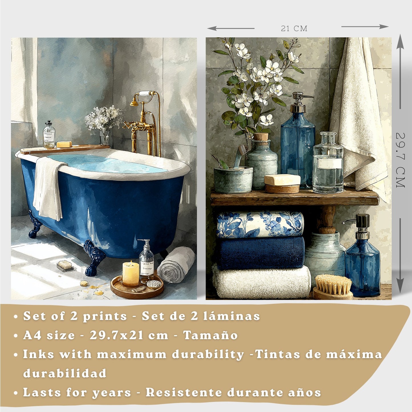 Set de 2 Laminas Decorativas Baño Cuadros Modernos Poster para Pared Lavabo Ducha WC y Aseo Decoracion Elegante con Bañera Azul y Accesorios Estilo Spa Chic