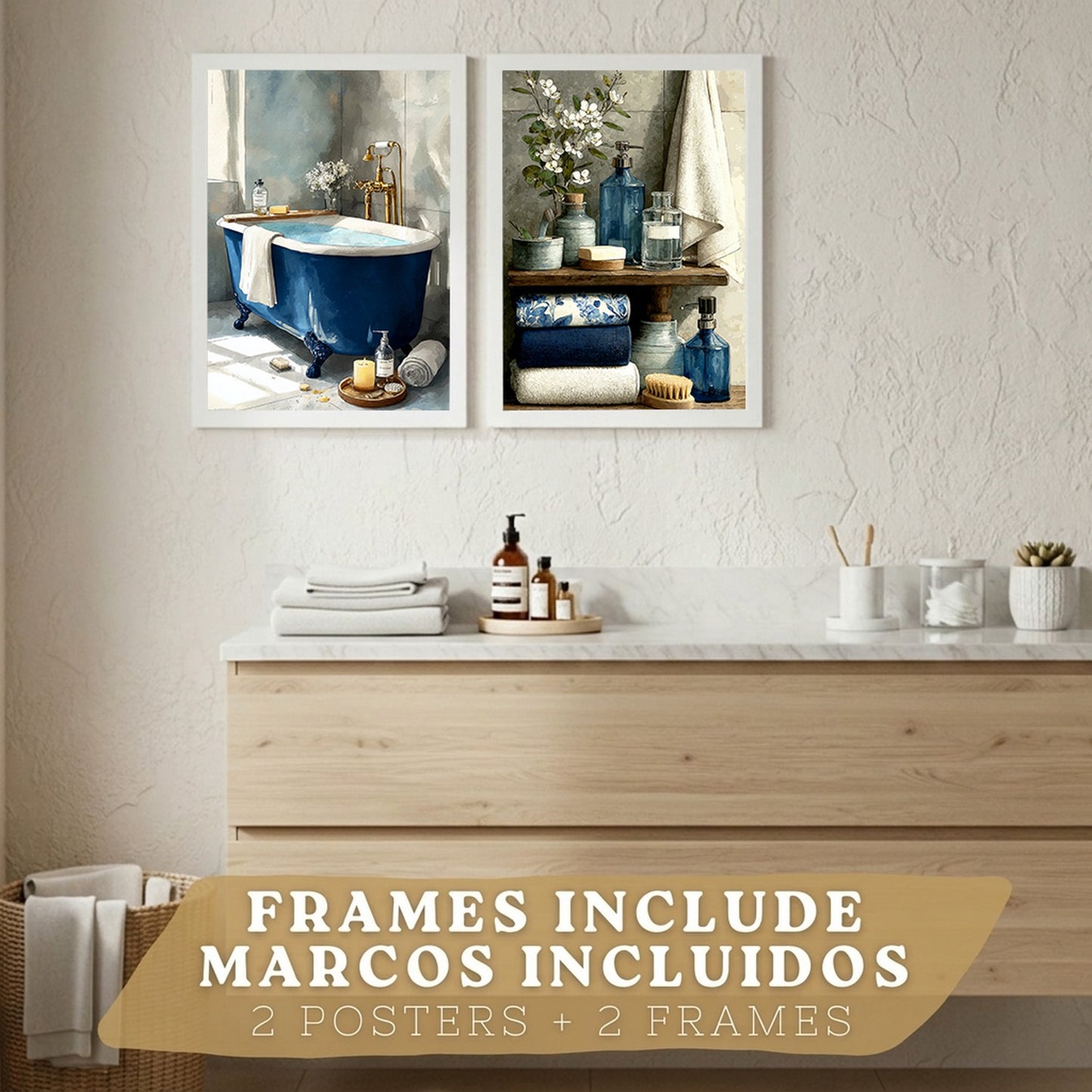 Set de 2 Laminas Decorativas Baño Cuadros Modernos Poster para Pared Lavabo Ducha WC y Aseo Decoracion Elegante con Bañera Azul y Accesorios Estilo Spa Chic