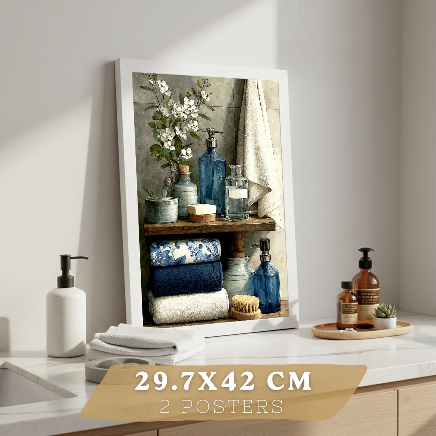 Set de 2 Laminas Decorativas Baño Cuadros Modernos Poster para Pared Lavabo Ducha WC y Aseo Decoracion Elegante con Bañera Azul y Accesorios Estilo Spa Chic