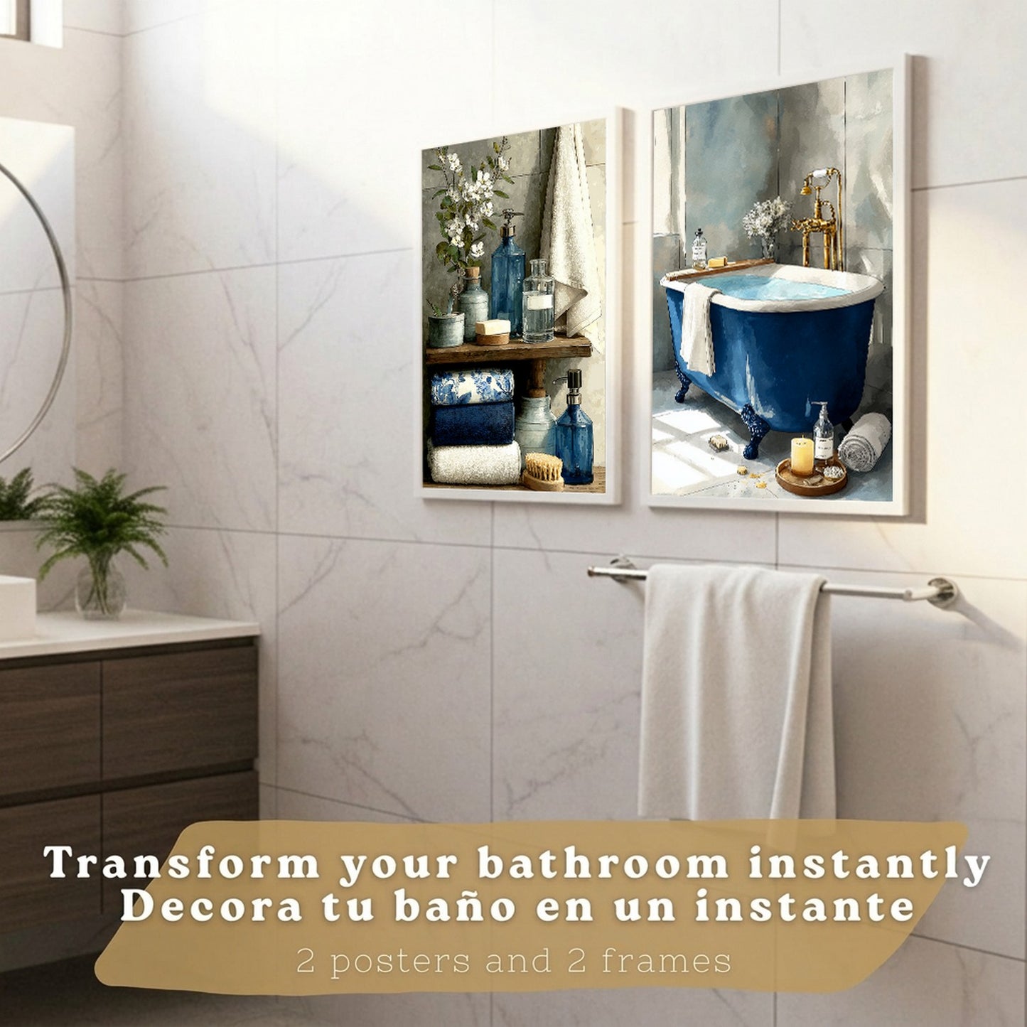 Set de 2 Laminas Decorativas Baño Cuadros Modernos Poster para Pared Lavabo Ducha WC y Aseo Decoracion Elegante con Bañera Azul y Accesorios Estilo Spa Chic