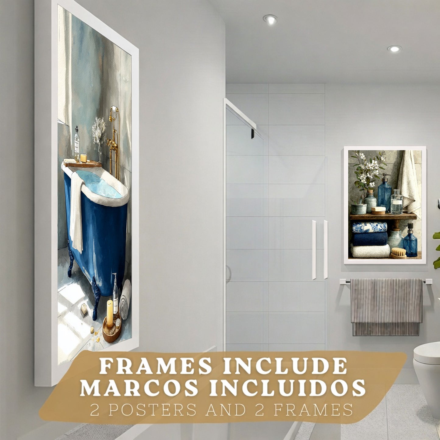 Set de 2 Laminas Decorativas Baño Cuadros Modernos Poster para Pared Lavabo Ducha WC y Aseo Decoracion Elegante con Bañera Azul y Accesorios Estilo Spa Chic