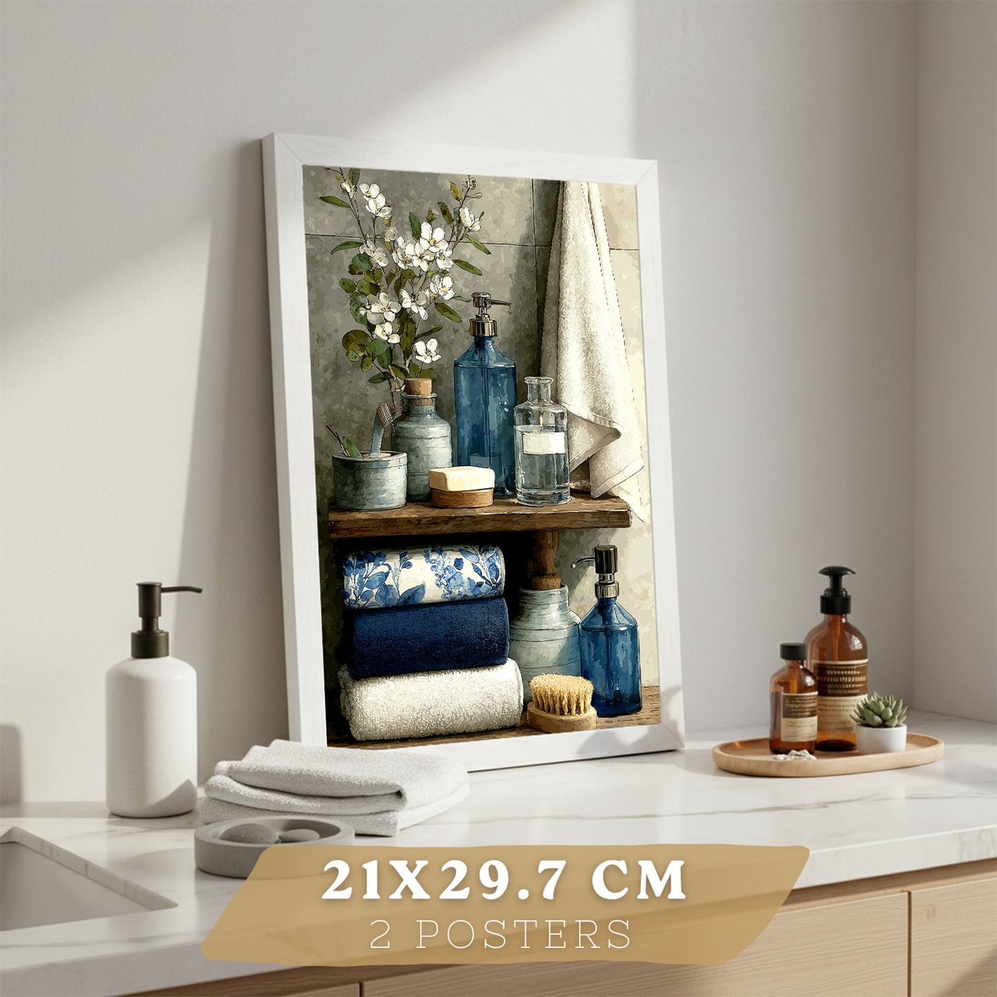 Set de 2 Laminas Decorativas Baño Cuadros Modernos Poster para Pared Lavabo Ducha WC y Aseo Decoracion Elegante con Bañera Azul y Accesorios Estilo Spa Chic