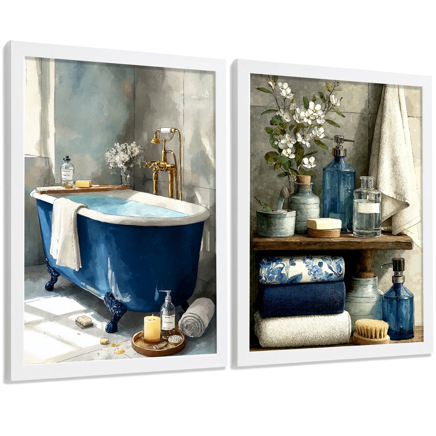 Set de 2 Laminas Decorativas Baño Cuadros Modernos Poster para Pared Lavabo Ducha WC y Aseo Decoracion Elegante con Bañera Azul y Accesorios Estilo Spa Chic