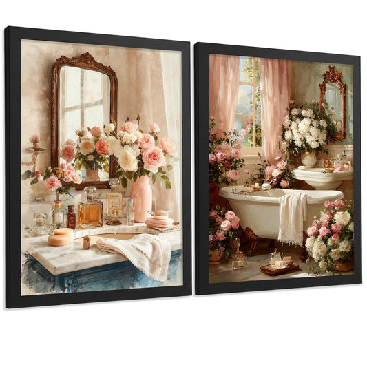 Set de 2 Laminas Decorativas Baño Estilo Romántico Vintage Cuadros con Rosas Espejo y Bañera Poster Elegante Decoración Hogar