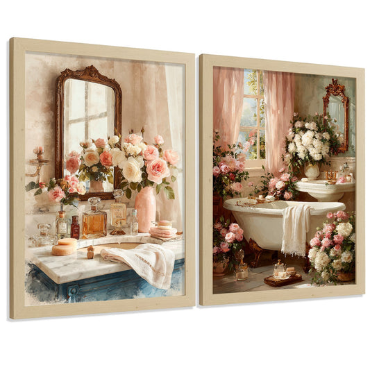 Set de 2 Laminas Decorativas Baño Estilo Romántico Vintage Cuadros con Rosas Espejo y Bañera Poster Elegante Decoración Hogar