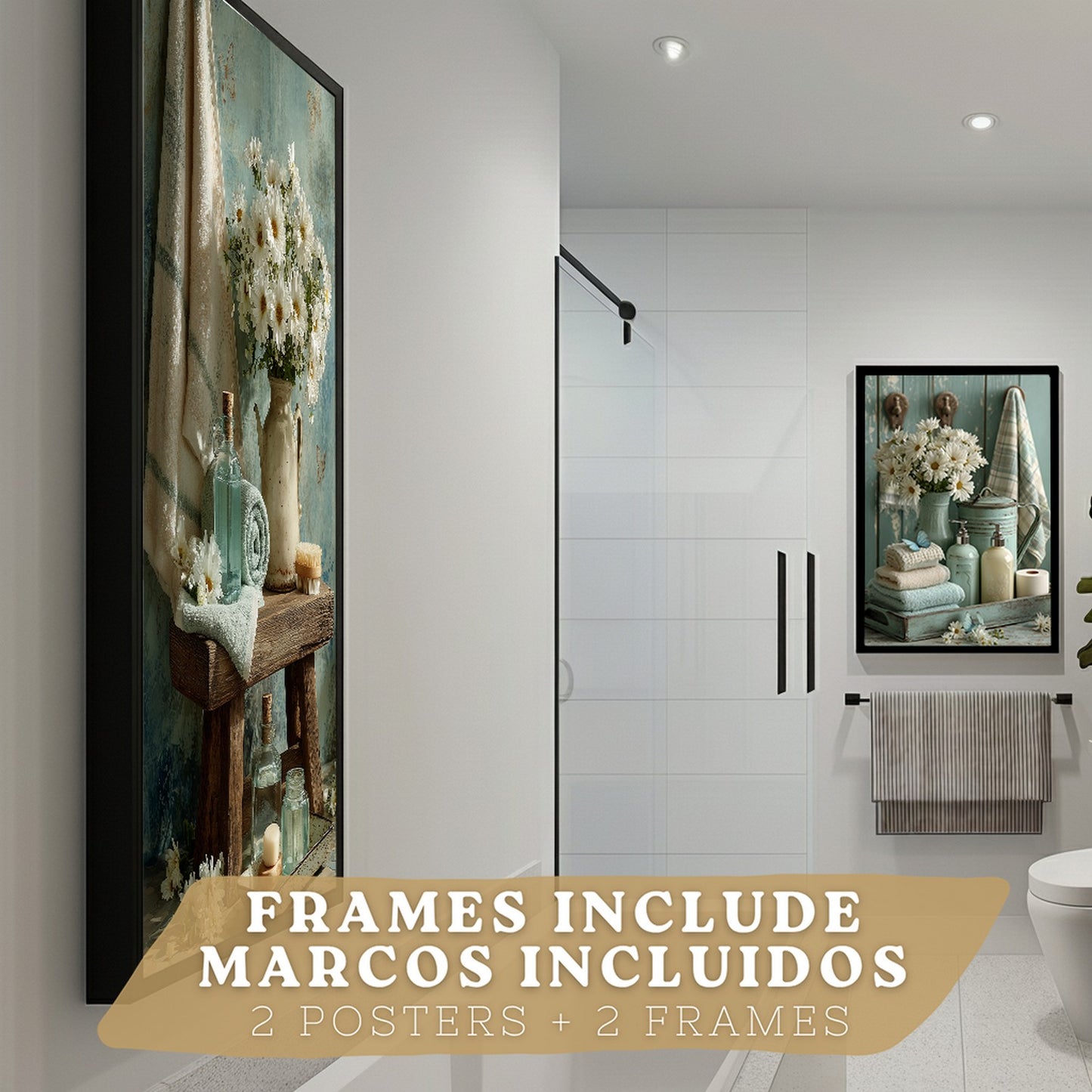 Set de 2 Laminas Decorativas Baño Cuadros Poster Estilo Shabby Chic Floral para Pared Lavabo Ducha WC y Aseo Decoracion Romantica con Flores y Toallas