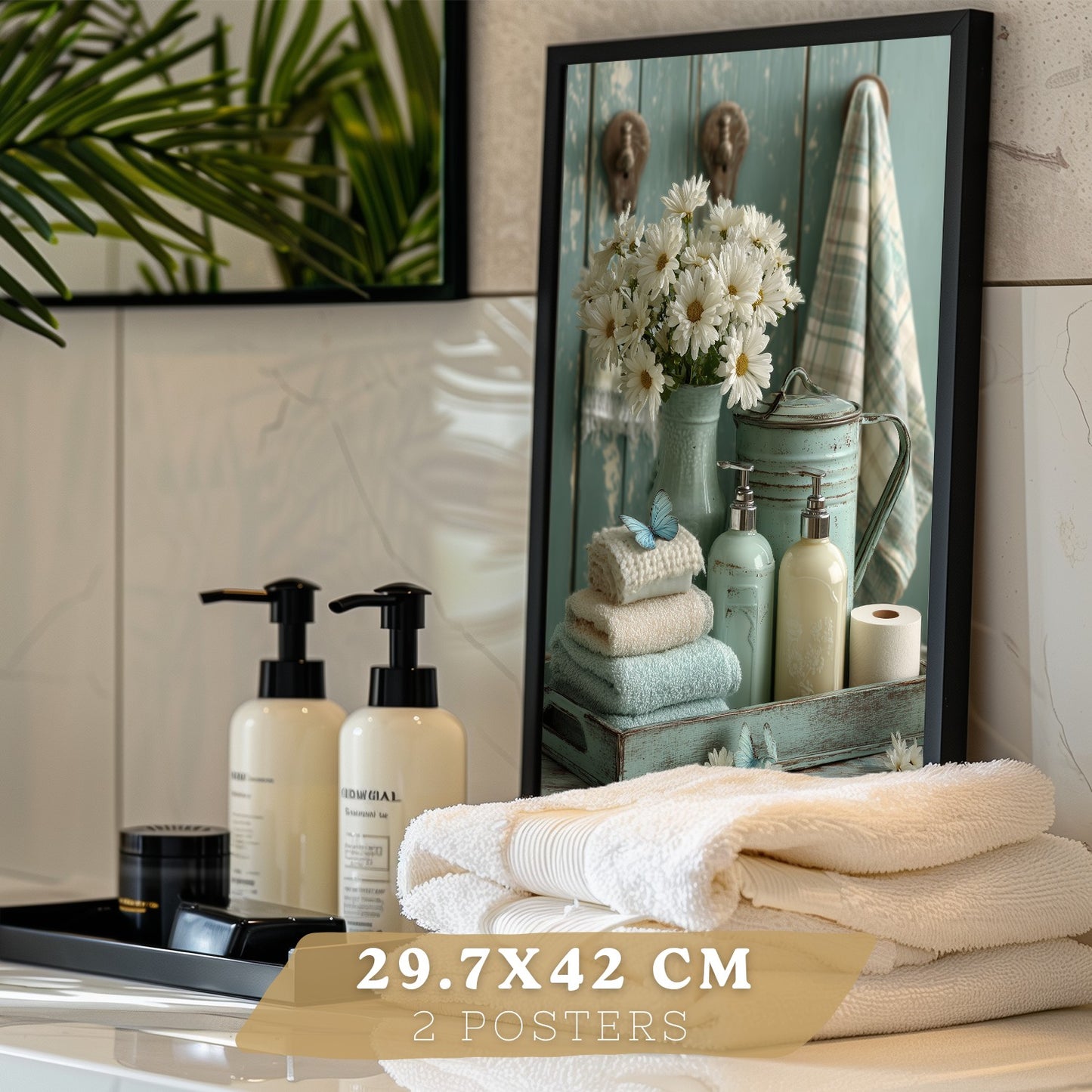 Set de 2 Laminas Decorativas Baño Cuadros Poster Estilo Shabby Chic Floral para Pared Lavabo Ducha WC y Aseo Decoracion Romantica con Flores y Toallas