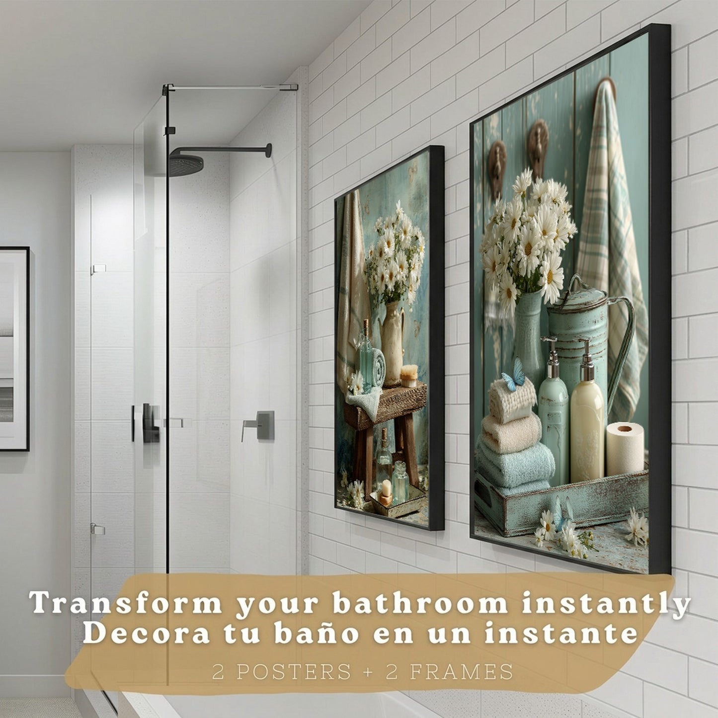 Set de 2 Laminas Decorativas Baño Cuadros Poster Estilo Shabby Chic Floral para Pared Lavabo Ducha WC y Aseo Decoracion Romantica con Flores y Toallas