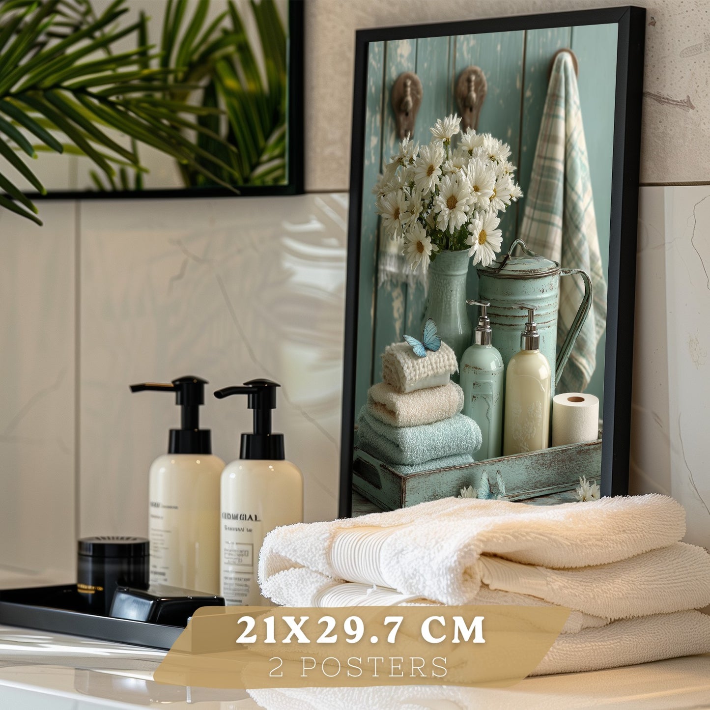 Set de 2 Laminas Decorativas Baño Cuadros Poster Estilo Shabby Chic Floral para Pared Lavabo Ducha WC y Aseo Decoracion Romantica con Flores y Toallas