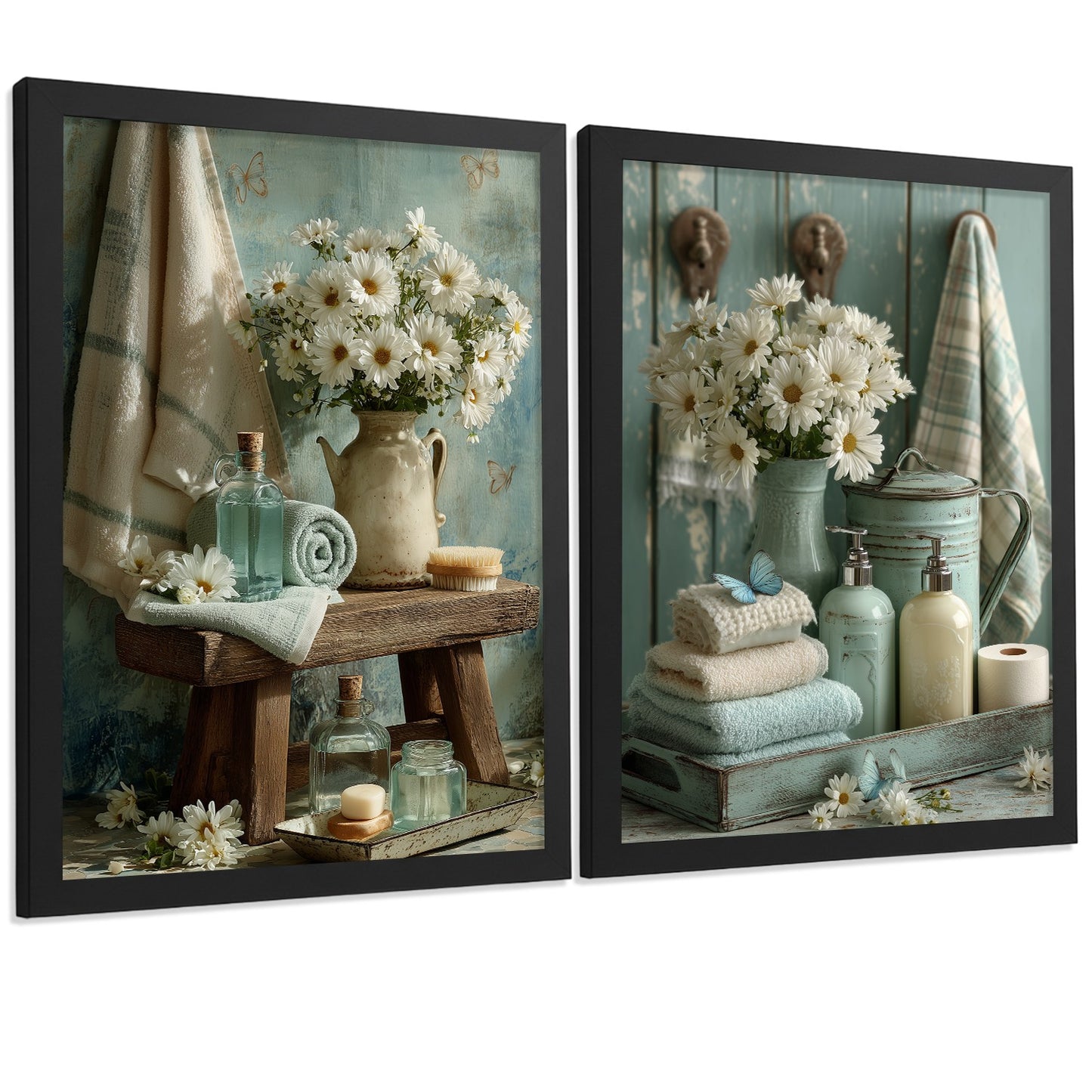 Set de 2 Laminas Decorativas Baño Cuadros Poster Estilo Shabby Chic Floral para Pared Lavabo Ducha WC y Aseo Decoracion Romantica con Flores y Toallas