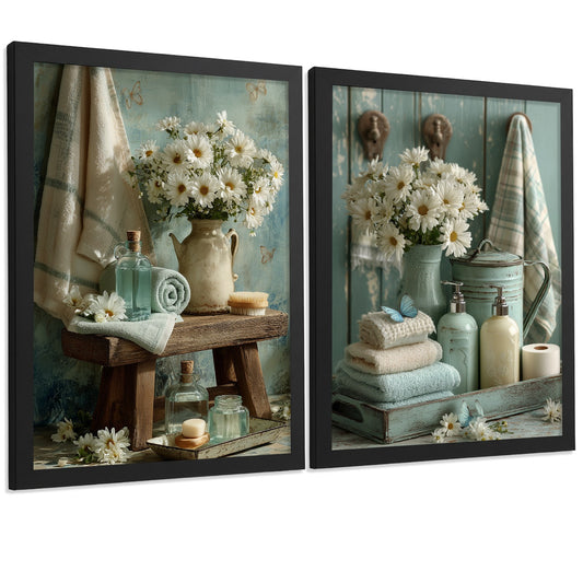 Set de 2 Laminas Decorativas Baño Cuadros Poster Estilo Shabby Chic Floral para Pared Lavabo Ducha WC y Aseo Decoracion Romantica con Flores y Toallas