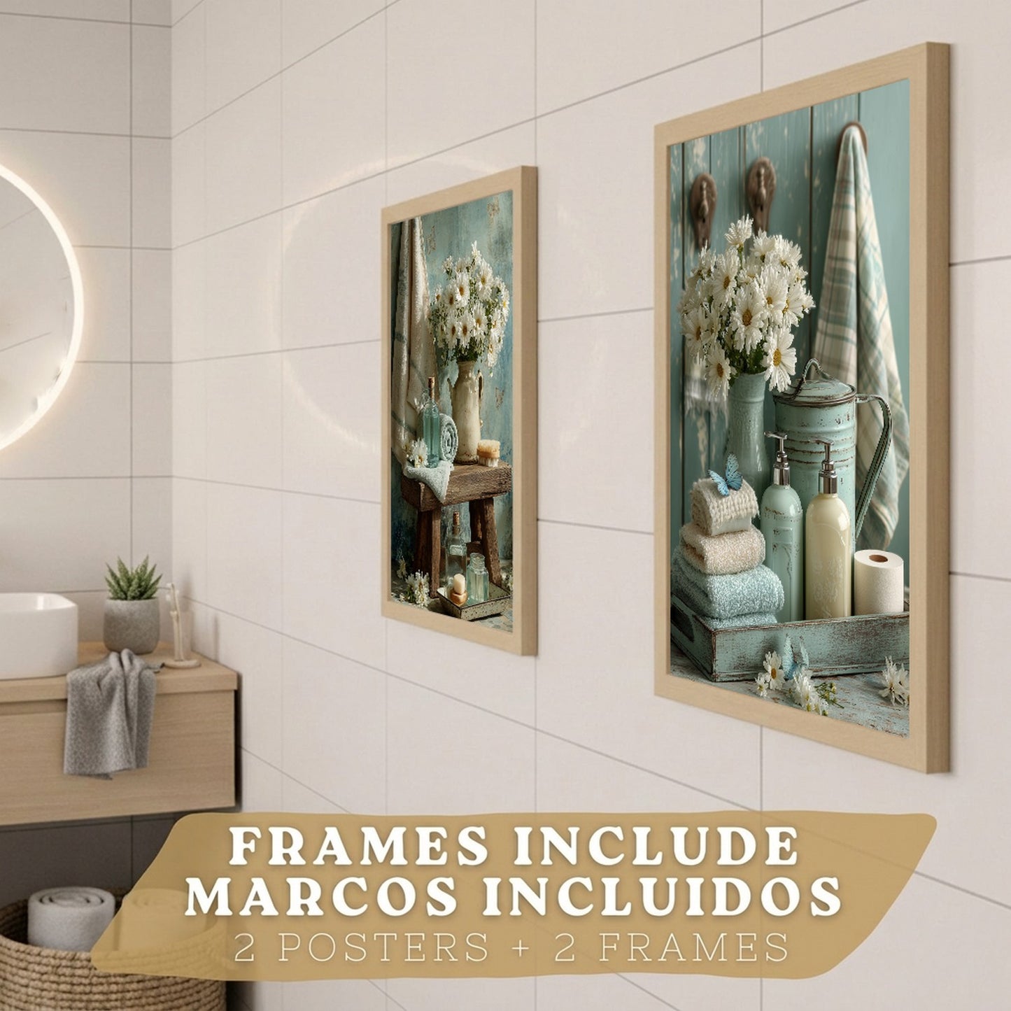 Set de 2 Laminas Decorativas Baño Cuadros Poster Estilo Shabby Chic Floral para Pared Lavabo Ducha WC y Aseo Decoracion Romantica con Flores y Toallas