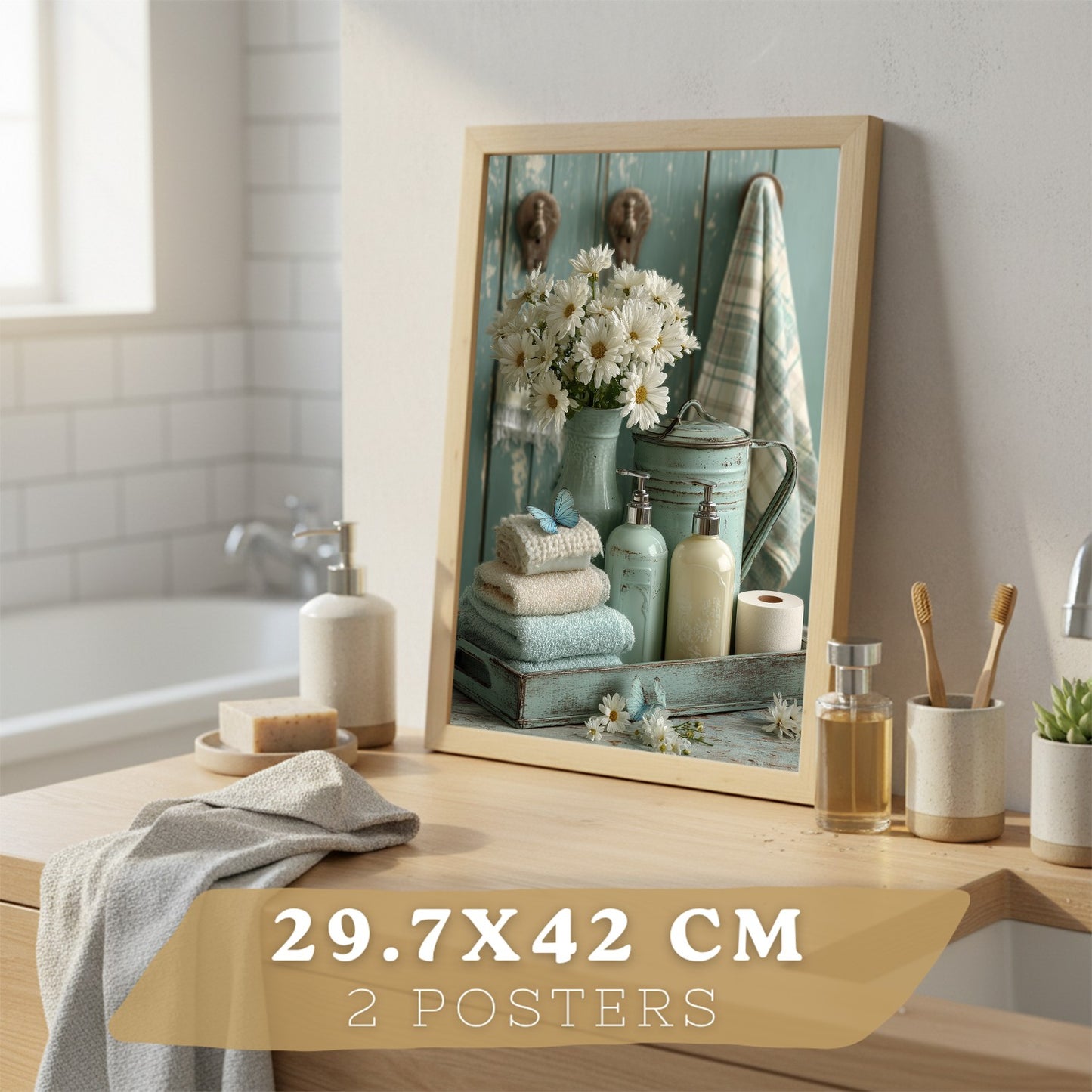 Set de 2 Laminas Decorativas Baño Cuadros Poster Estilo Shabby Chic Floral para Pared Lavabo Ducha WC y Aseo Decoracion Romantica con Flores y Toallas