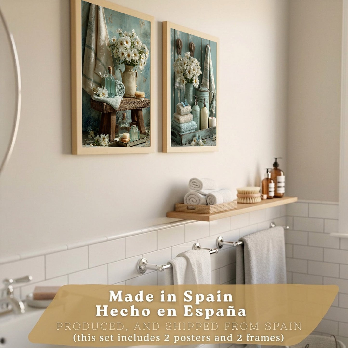 Set de 2 Laminas Decorativas Baño Cuadros Poster Estilo Shabby Chic Floral para Pared Lavabo Ducha WC y Aseo Decoracion Romantica con Flores y Toallas