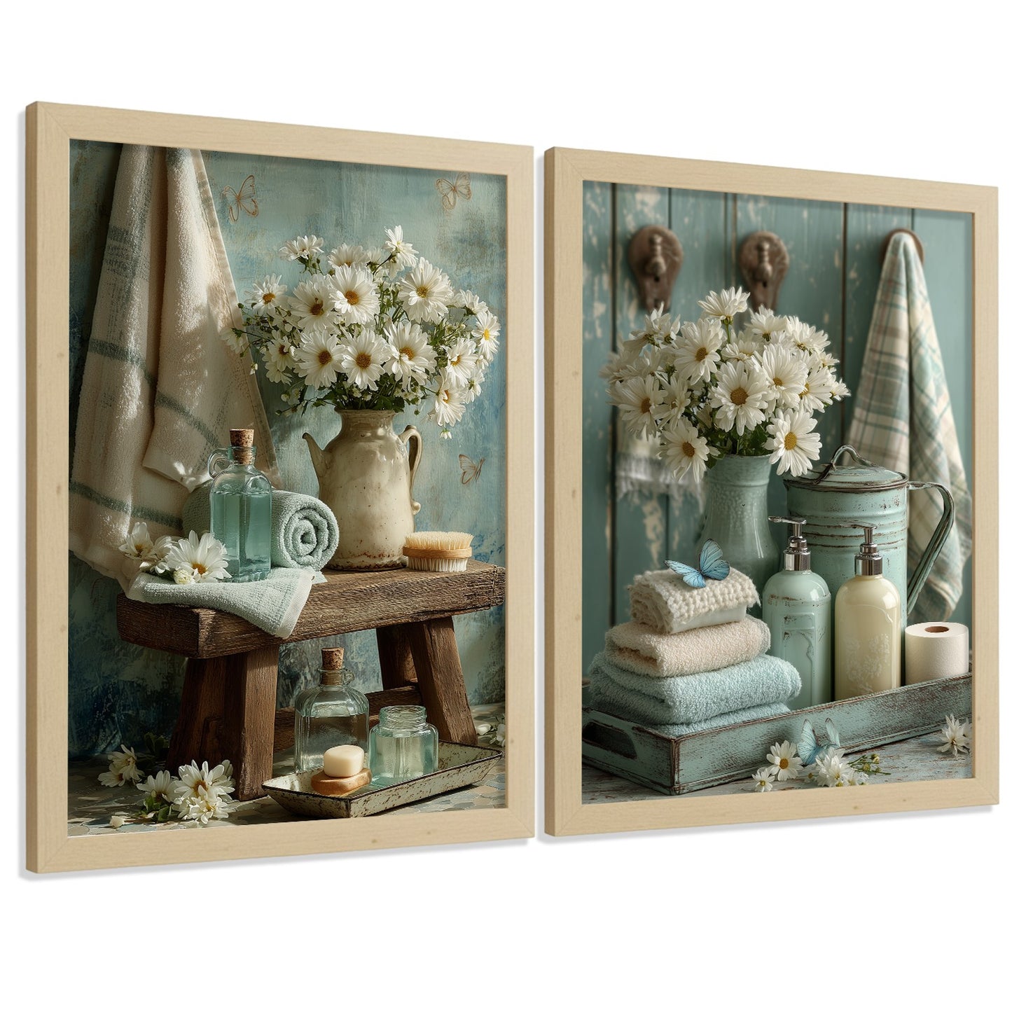 Set de 2 Laminas Decorativas Baño Cuadros Poster Estilo Shabby Chic Floral para Pared Lavabo Ducha WC y Aseo Decoracion Romantica con Flores y Toallas