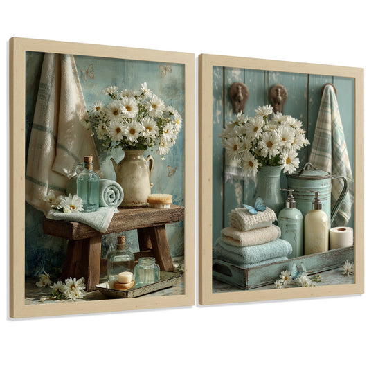Set de 2 Laminas Decorativas Baño Cuadros Poster Estilo Shabby Chic Floral para Pared Lavabo Ducha WC y Aseo Decoracion Romantica con Flores y Toallas