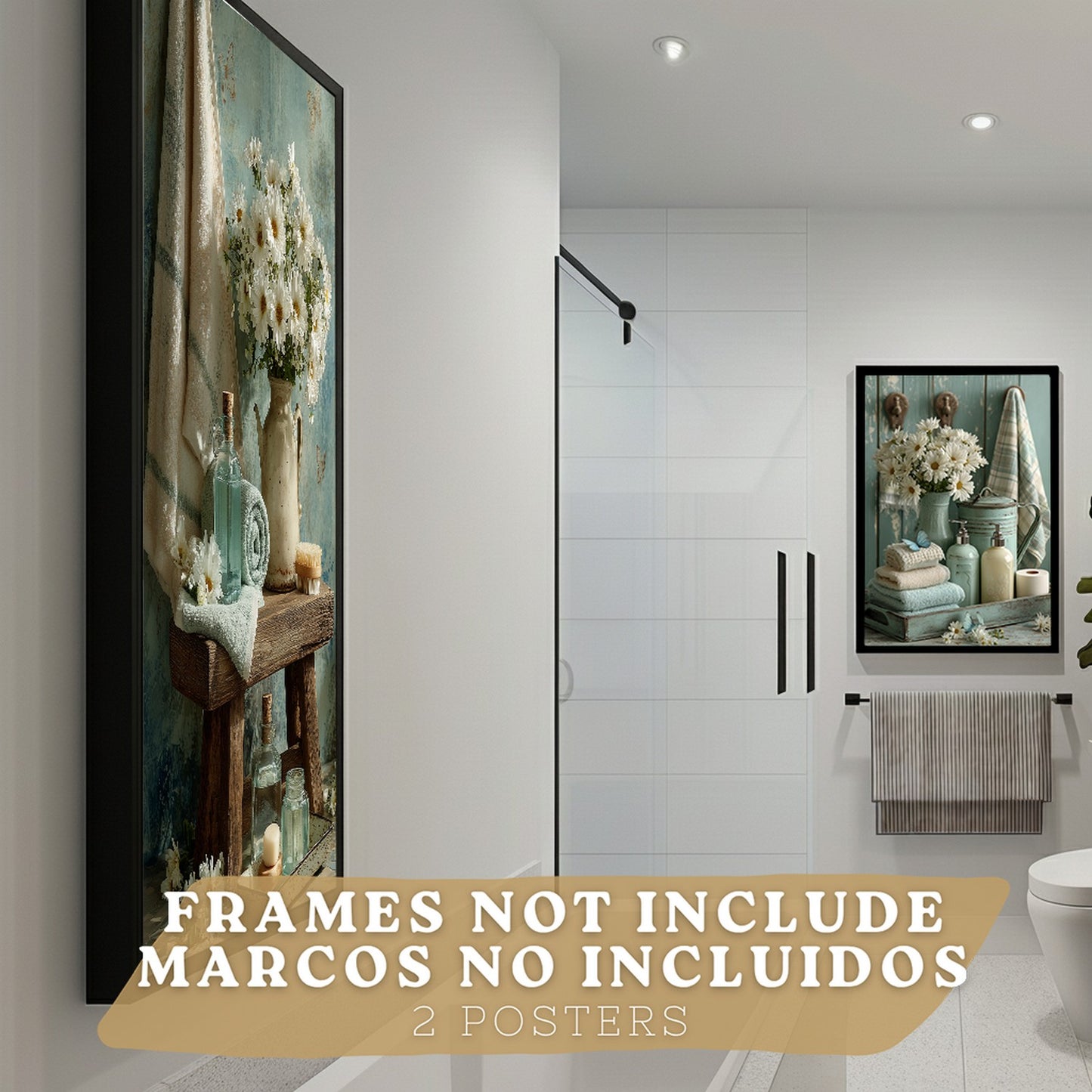 Set de 2 Laminas Decorativas Baño Cuadros Poster Estilo Shabby Chic Floral para Pared Lavabo Ducha WC y Aseo Decoracion Romantica con Flores y Toallas