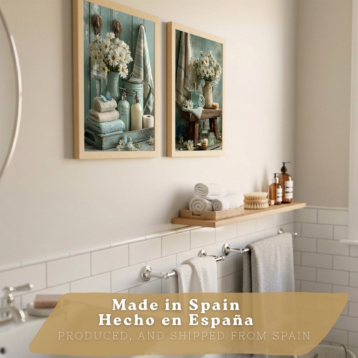 Set de 2 Laminas Decorativas Baño Cuadros Poster Estilo Shabby Chic Floral para Pared Lavabo Ducha WC y Aseo Decoracion Romantica con Flores y Toallas
