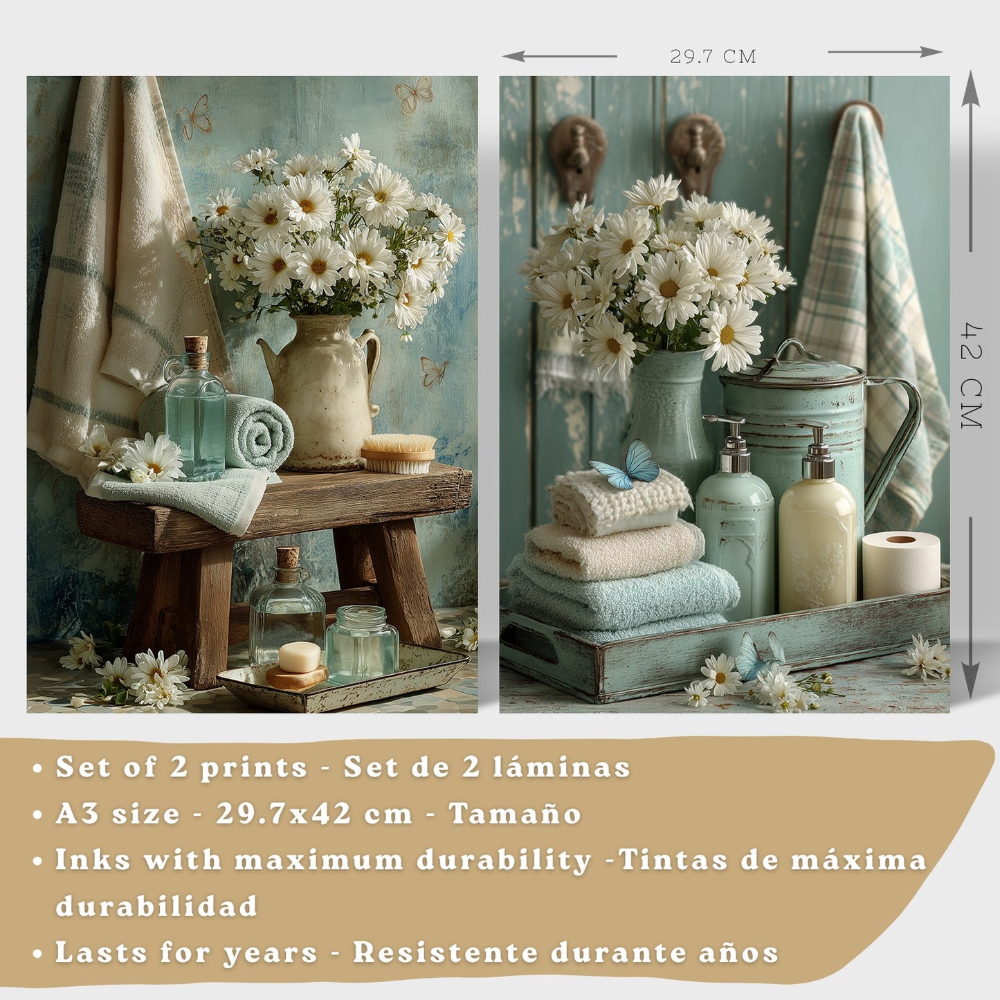 Set de 2 Laminas Decorativas Baño Cuadros Poster Estilo Shabby Chic Floral para Pared Lavabo Ducha WC y Aseo Decoracion Romantica con Flores y Toallas