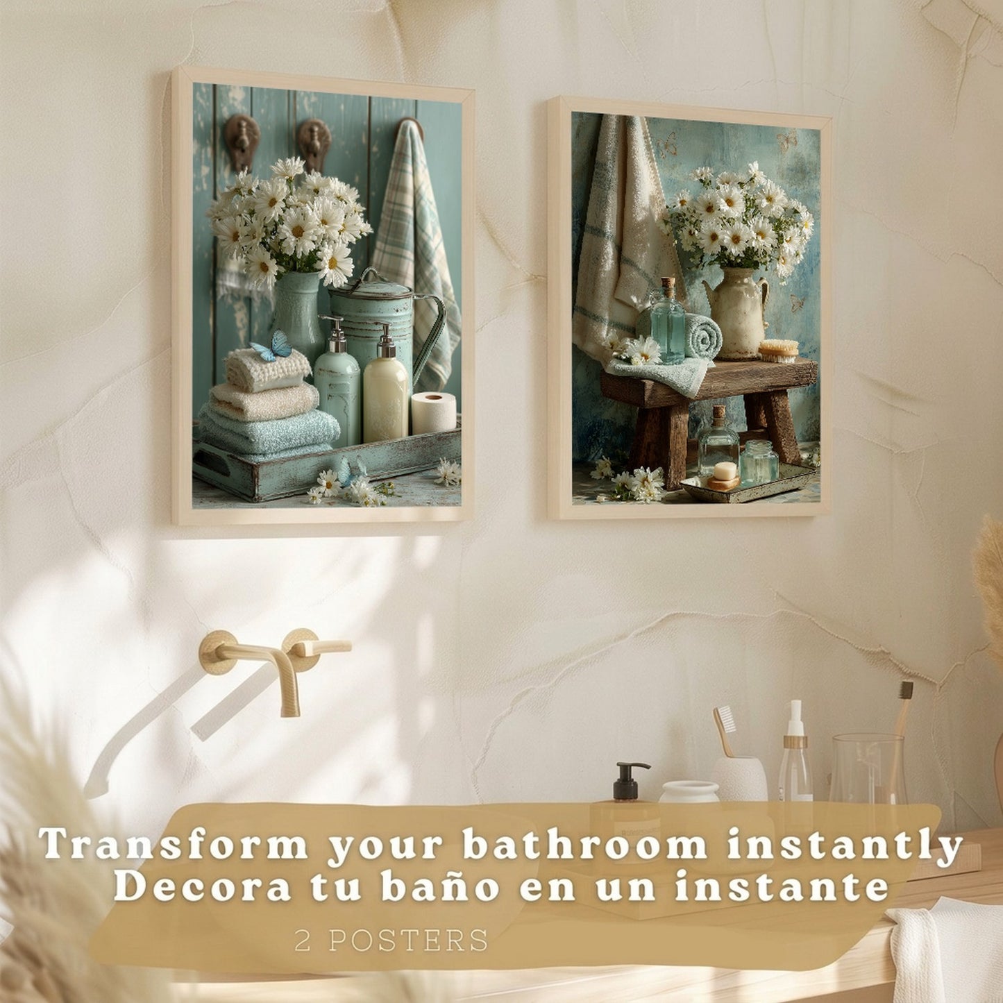 Set de 2 Laminas Decorativas Baño Cuadros Poster Estilo Shabby Chic Floral para Pared Lavabo Ducha WC y Aseo Decoracion Romantica con Flores y Toallas