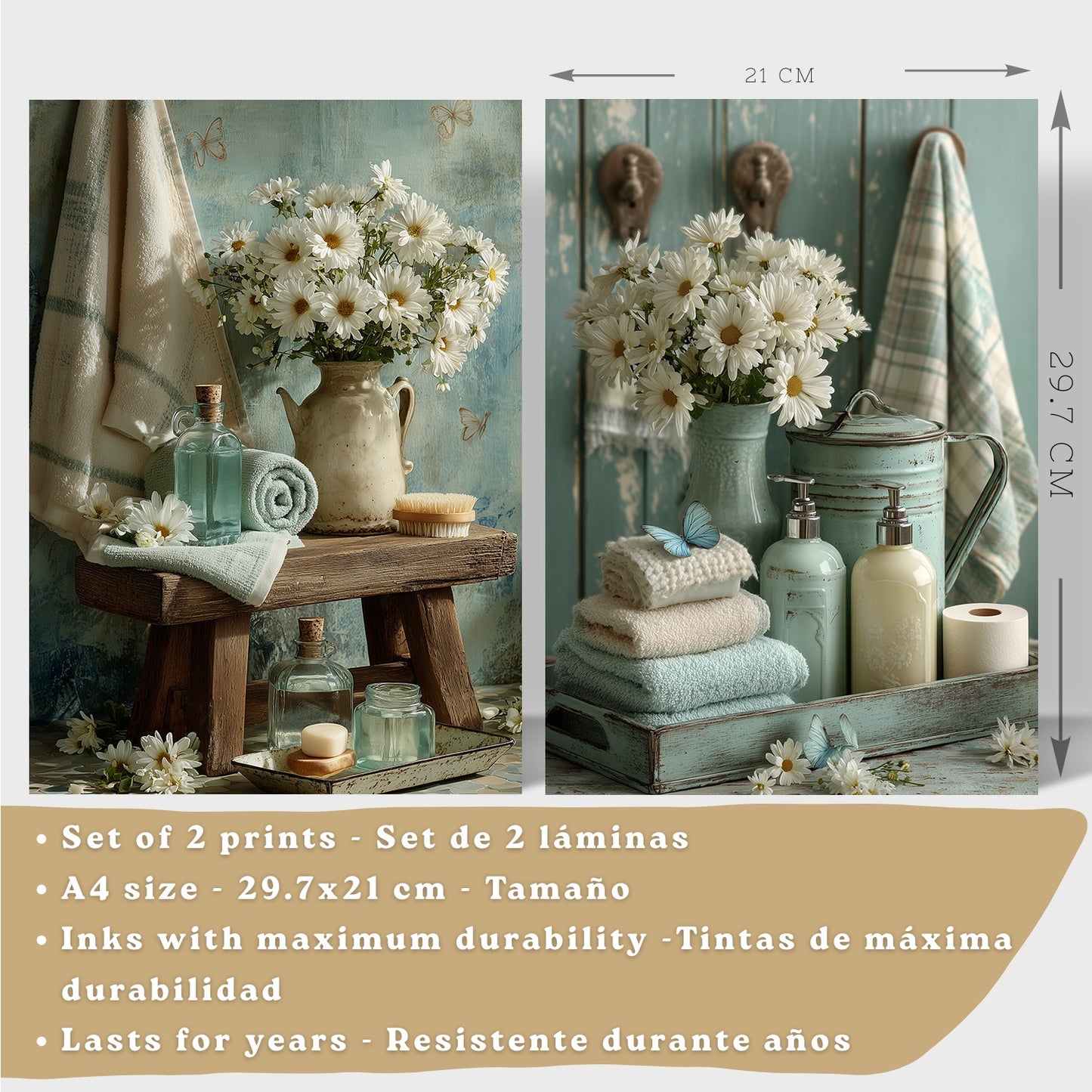 Set de 2 Laminas Decorativas Baño Cuadros Poster Estilo Shabby Chic Floral para Pared Lavabo Ducha WC y Aseo Decoracion Romantica con Flores y Toallas
