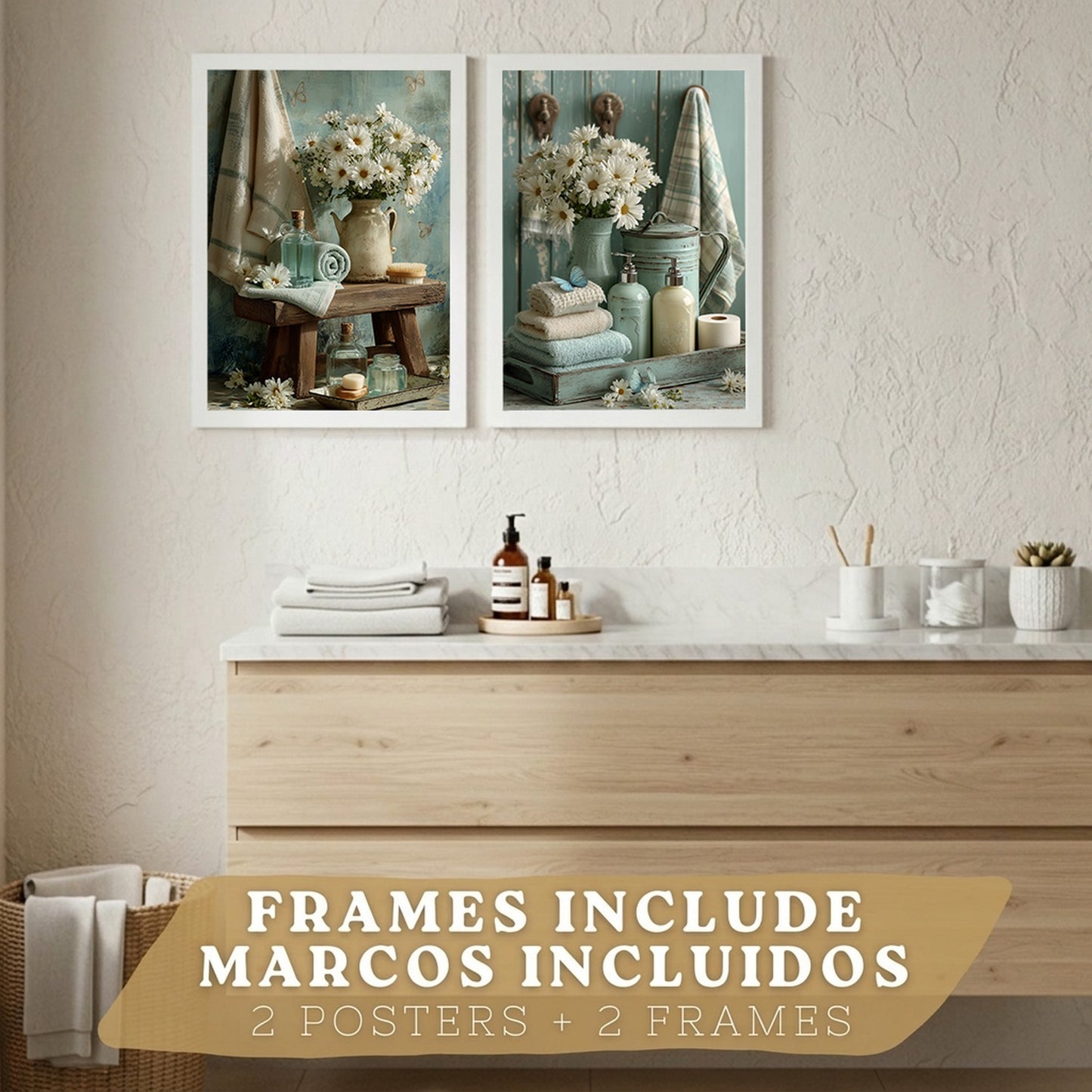 Set de 2 Laminas Decorativas Baño Cuadros Poster Estilo Shabby Chic Floral para Pared Lavabo Ducha WC y Aseo Decoracion Romantica con Flores y Toallas