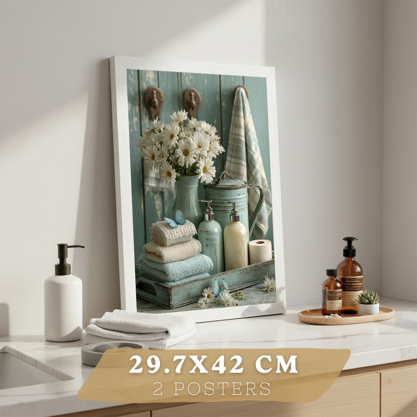 Set de 2 Laminas Decorativas Baño Cuadros Poster Estilo Shabby Chic Floral para Pared Lavabo Ducha WC y Aseo Decoracion Romantica con Flores y Toallas
