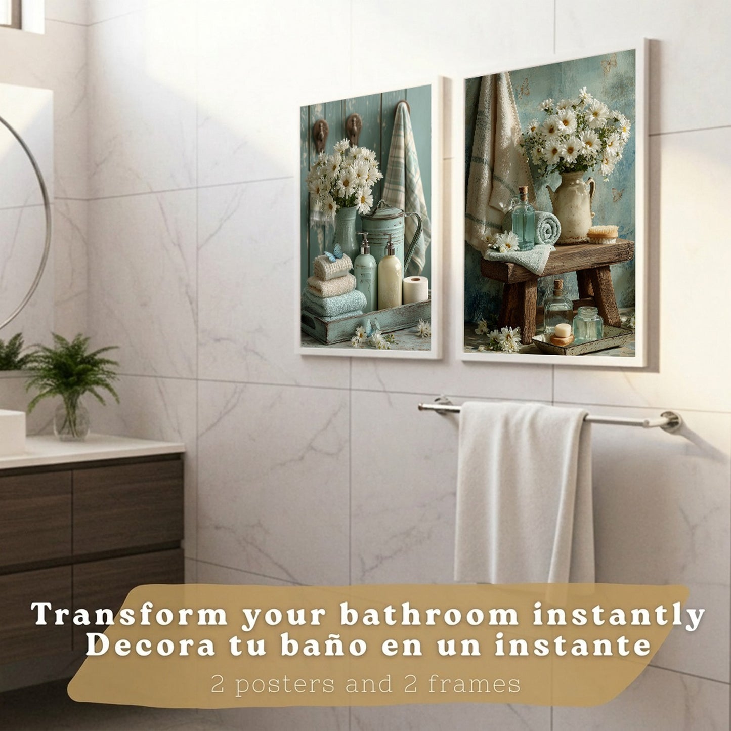 Set de 2 Laminas Decorativas Baño Cuadros Poster Estilo Shabby Chic Floral para Pared Lavabo Ducha WC y Aseo Decoracion Romantica con Flores y Toallas