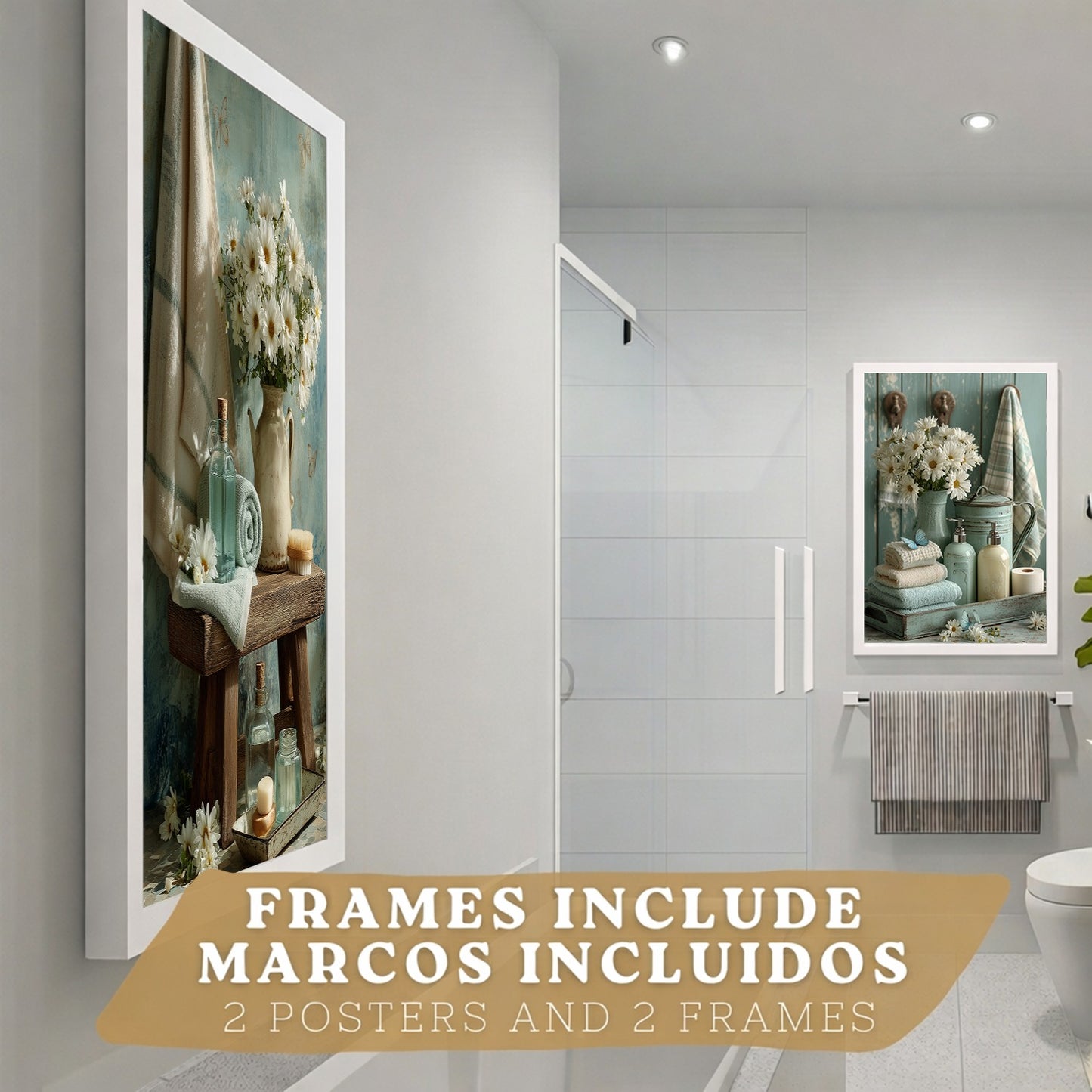 Set de 2 Laminas Decorativas Baño Cuadros Poster Estilo Shabby Chic Floral para Pared Lavabo Ducha WC y Aseo Decoracion Romantica con Flores y Toallas