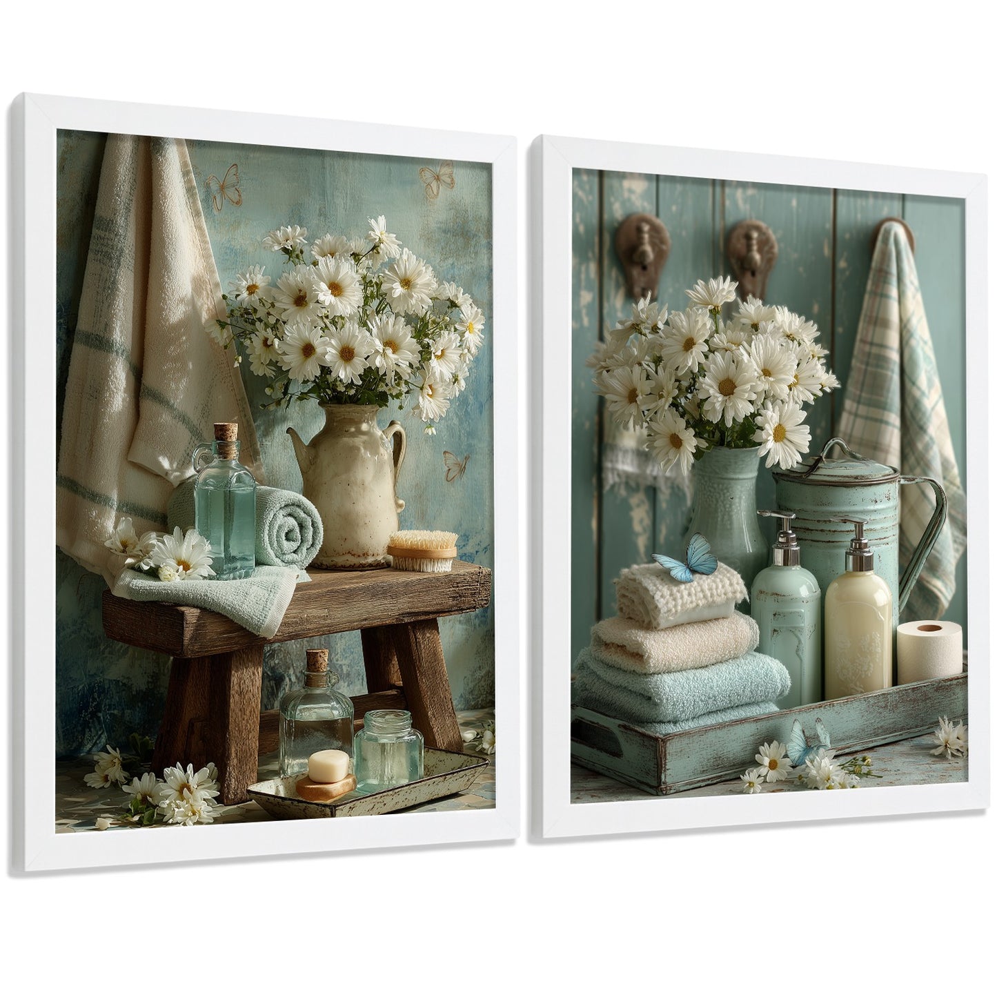 Set de 2 Laminas Decorativas Baño Cuadros Poster Estilo Shabby Chic Floral para Pared Lavabo Ducha WC y Aseo Decoracion Romantica con Flores y Toallas