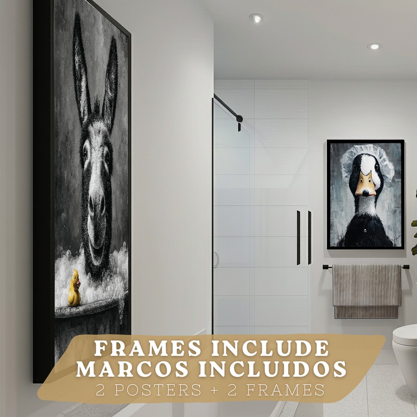 Set de 2 Laminas Decorativas Baño Cuadros Divertidos Poster para Pared Lavabo Ducha WC y Aseo con Animales en la Bañera Estilo Original Moderno