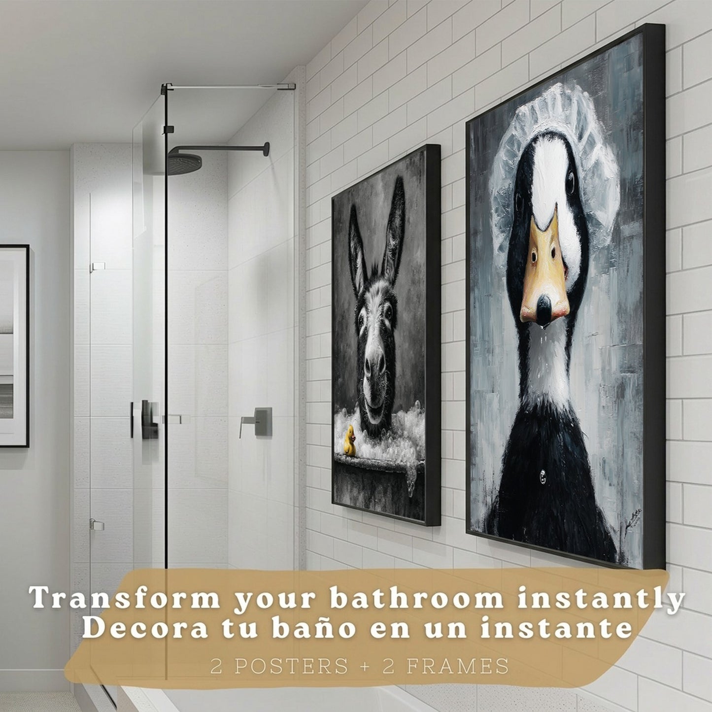 Set de 2 Laminas Decorativas Baño Cuadros Divertidos Poster para Pared Lavabo Ducha WC y Aseo con Animales en la Bañera Estilo Original Moderno