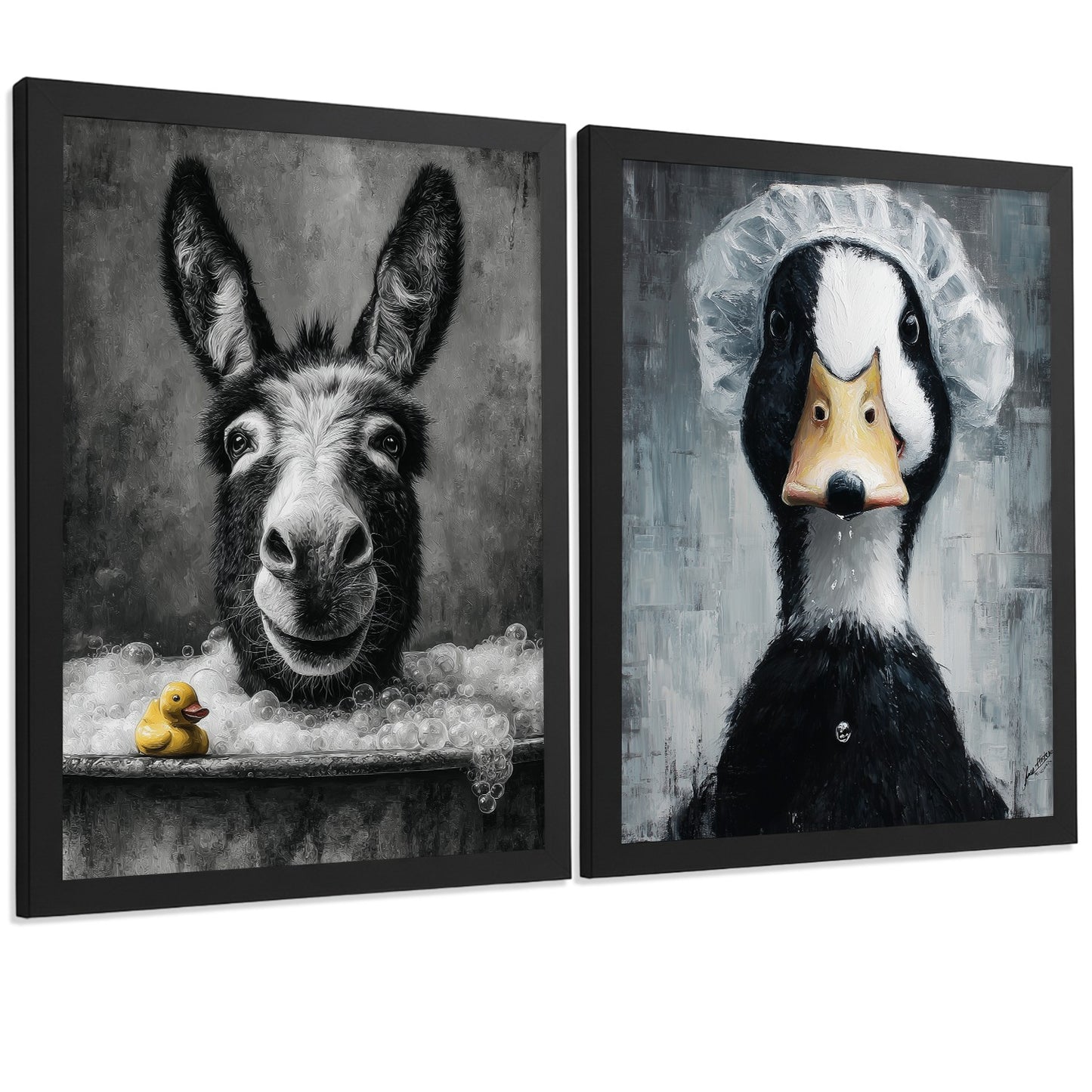 Set de 2 Laminas Decorativas Baño Cuadros Divertidos Poster para Pared Lavabo Ducha WC y Aseo con Animales en la Bañera Estilo Original Moderno