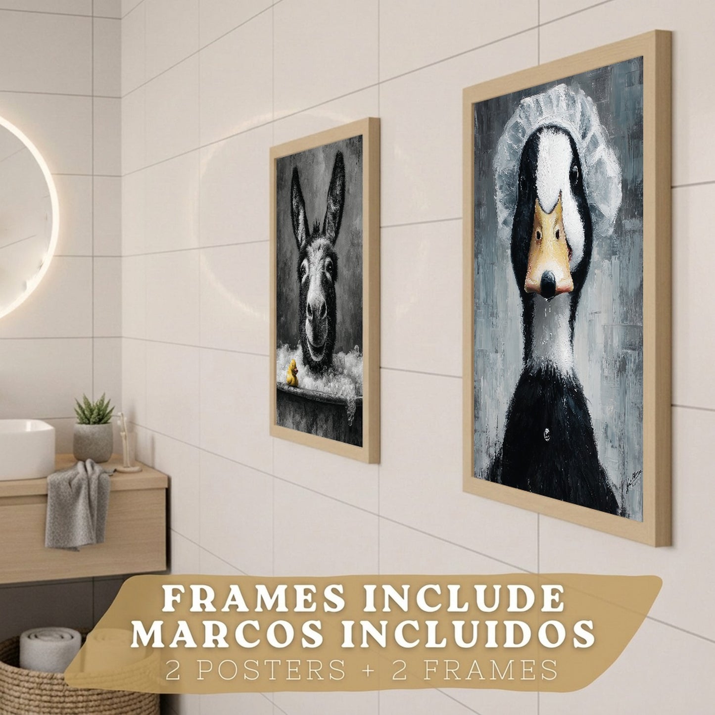 Set de 2 Laminas Decorativas Baño Cuadros Divertidos Poster para Pared Lavabo Ducha WC y Aseo con Animales en la Bañera Estilo Original Moderno
