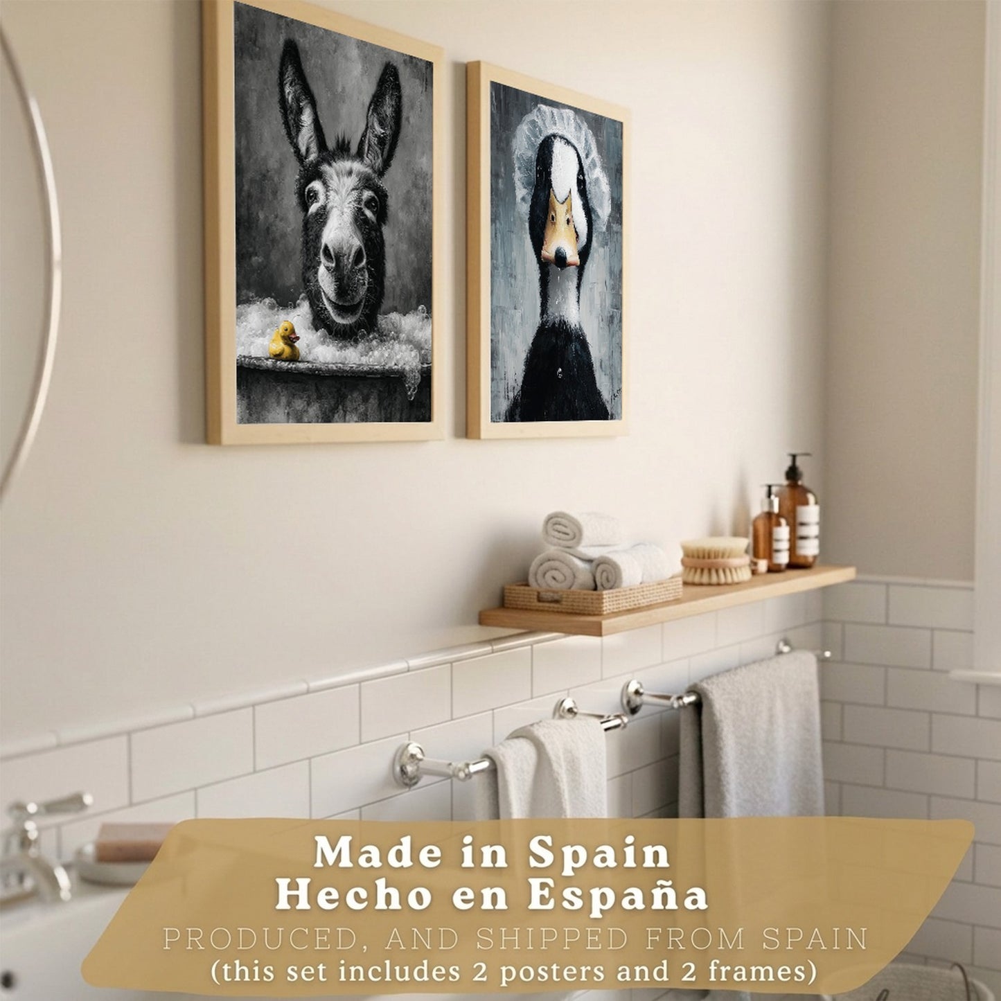 Set de 2 Laminas Decorativas Baño Cuadros Divertidos Poster para Pared Lavabo Ducha WC y Aseo con Animales en la Bañera Estilo Original Moderno