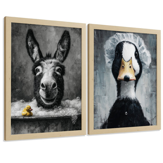 Set de 2 Laminas Decorativas Baño Cuadros Divertidos Poster para Pared Lavabo Ducha WC y Aseo con Animales en la Bañera Estilo Original Moderno