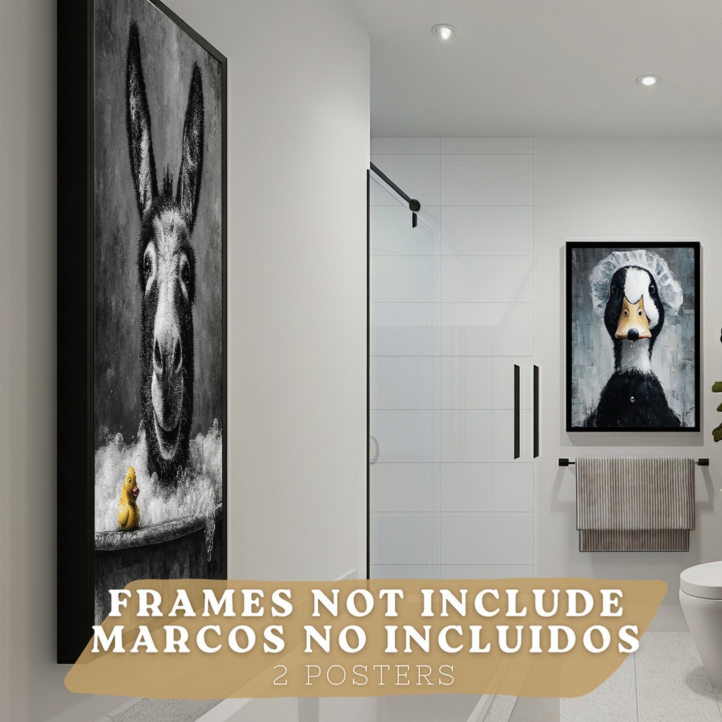 Set de 2 Laminas Decorativas Baño Cuadros Divertidos Poster para Pared Lavabo Ducha WC y Aseo con Animales en la Bañera Estilo Original Moderno